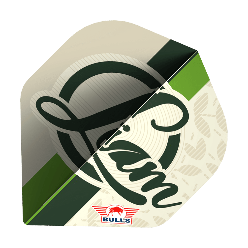 Das Bild zeigt ein Dart Flight mit dem Schriftzug "Liam" und einem klassischen Design in Grün- und Beigetönen. Unten ist das Logo von BULL'S zu sehen.