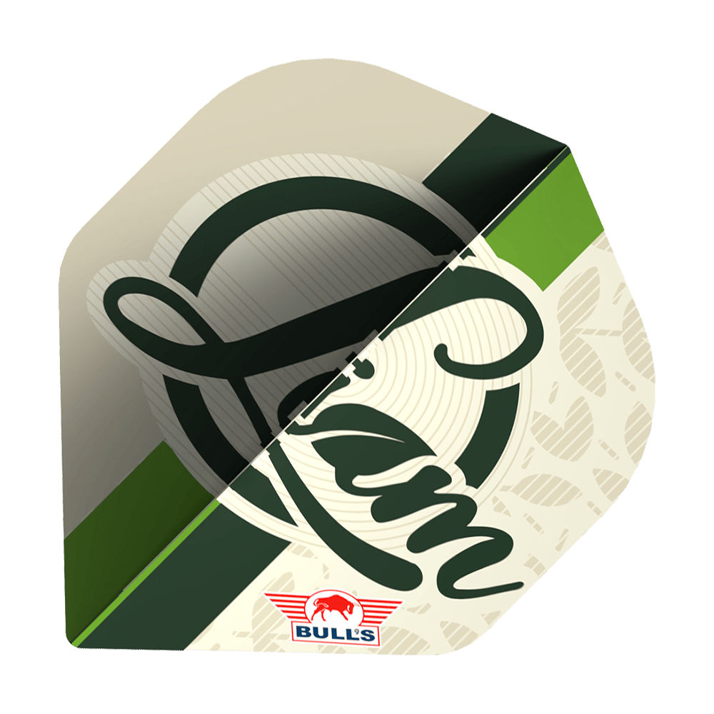 Bulls NL-speler 100 Liam Maendl Lawrance No2 Standaardvluchten Das Bild zeigt ein Dart Flight mit dem Schriftzug "Liam" und einem klassischen Design in Grün- und Beigetönen. Unten ist das Logo von BULL'S zu sehen.