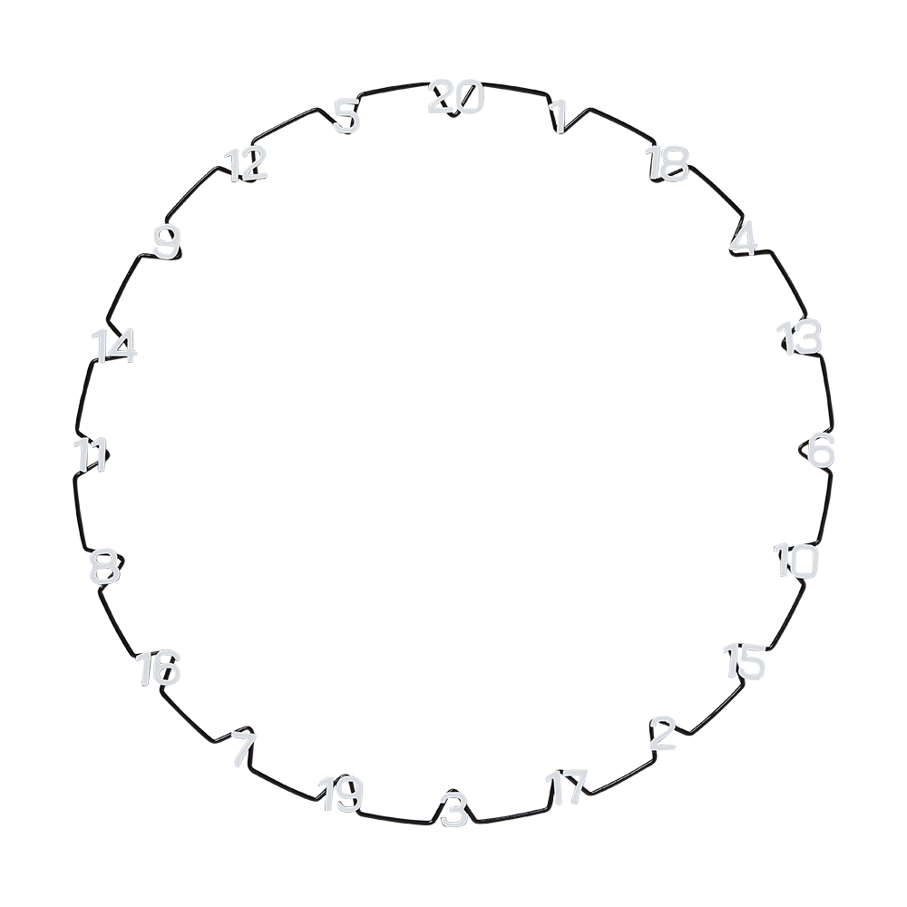 07890_Unicorn_Horizontal_Number_Ring_Zahlenring_3 Das Bild zeigt einen Zahlenring mit den Zahlen von 1 bis 20, die kreisförmig angeordnet sind. Die Zahlen sind jeweils durch kurze Linien miteinander verbunden.