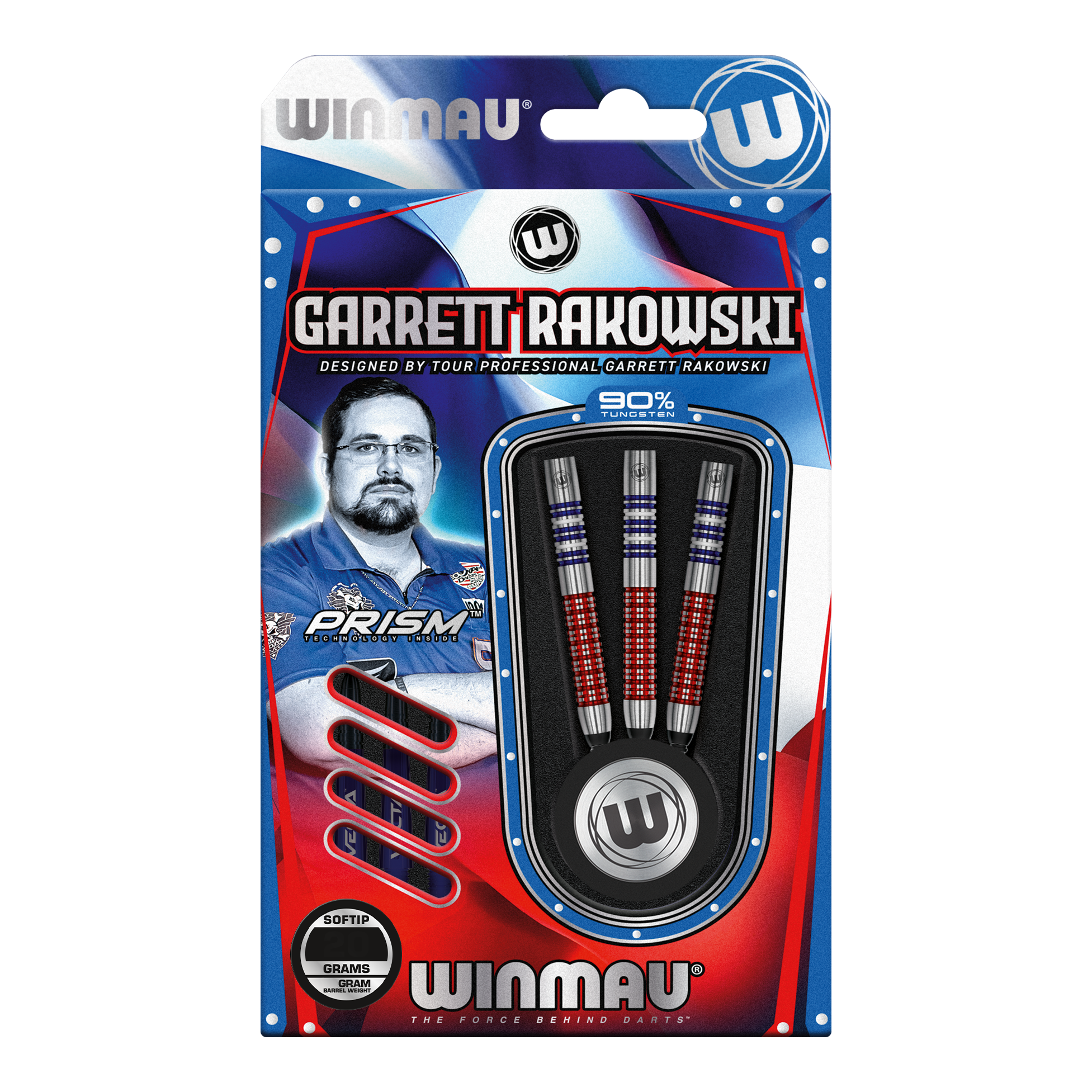 Winmau Garrett Rakowski zachte dartpijlen - 20 g Auf dem Bild ist eine Verpackung der "Winmau Garrett Rakowski Softdarts - 20g" zu sehen. Die Verpackung zeigt die Darts sowie ein Bild von Garrett Rakowski und ist in Blau, Rot und Weiß gestaltet.
