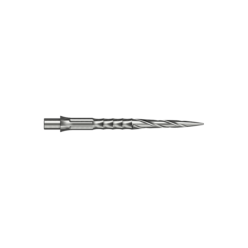 Caliburn System stalen dartpunten - Spiro - NoLip - zilver Zwei silberne Steeldartspitzen sind abgebildet. Die Spitzen sind 30 mm lang und haben ein Spiro NoLip Design.