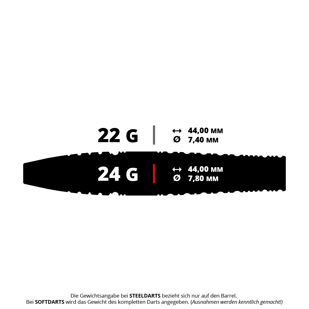 Das Bild zeigt zwei verschiedene Steeldart-Barrels mit jeweils 22 Gramm und 24 Gramm Gewicht. Beide Barrels sind 44,00 mm lang, aber das 22-Gramm-Barrel hat einen Durchmesser von 7,40 mm und das 24-Gramm-Barrel einen Durchmesser von 7,80 mm.