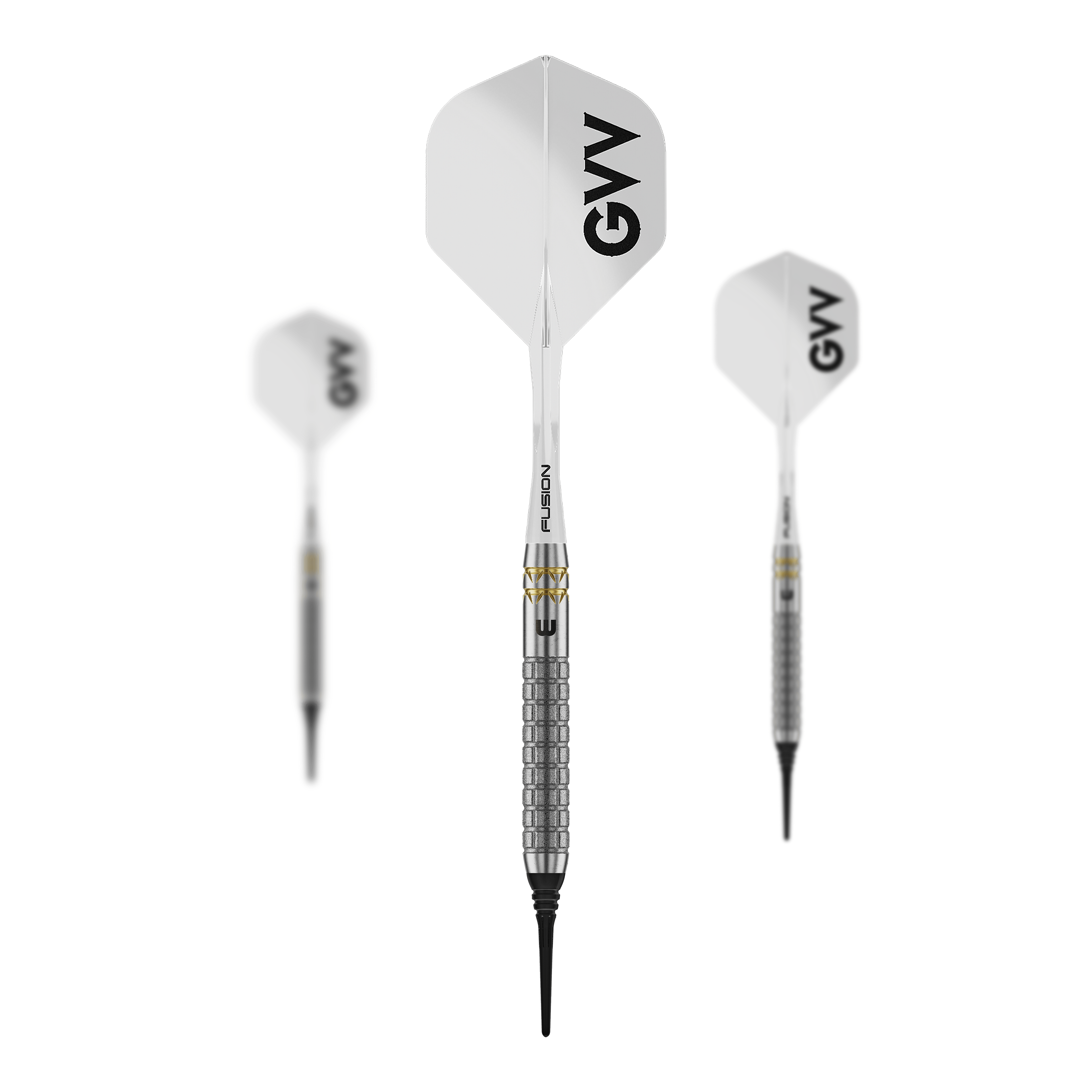 Winmau Gian Van Veen W-MAX zachte darts - 18g Auf dem Bild ist ein Set Winmau Gian Van Veen W-MAX Softdarts - 18g zu sehen. Drei Darts und das Zubehör sind abgebildet.
