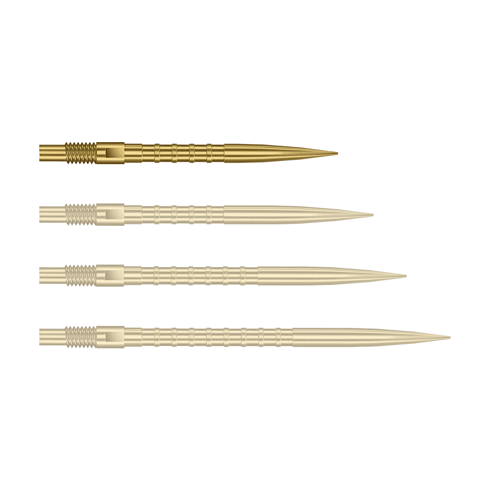 Harrows Quick Point Heavy Metal Dartpunten - Goud Das Bild zeigt Dartspitzen mit starkem Metallgriff in goldener Farbe und 26mm Länge. Das Produkt ist Harrows Quick Point Heavy Metal Grip Dartspitzen Gold 26mm.