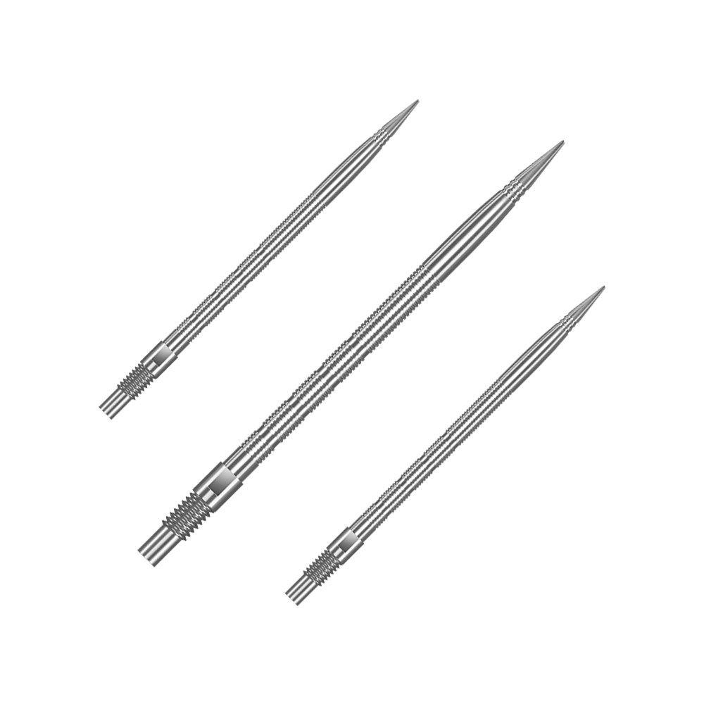 Harrows Quick Point Micro Ridge Dart Tips - Zilver Das Bild zeigt QP28023 Harrows Quick Point MicroRidge Dartspitzen Silber 40mm 1Set. Es handelt sich um Ersatz-Dartspitzen für Darts in silberner Farbe.
