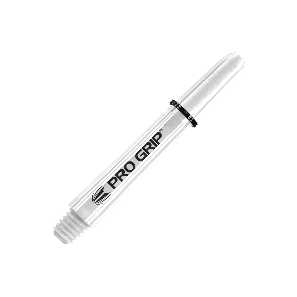Dies ist ein weißer Dart-Schaft mit der Aufschrift "PRO GRIP". Er hat ein glattes Design und ist am oberen Ende mit einem schwarzen Ring versehen.