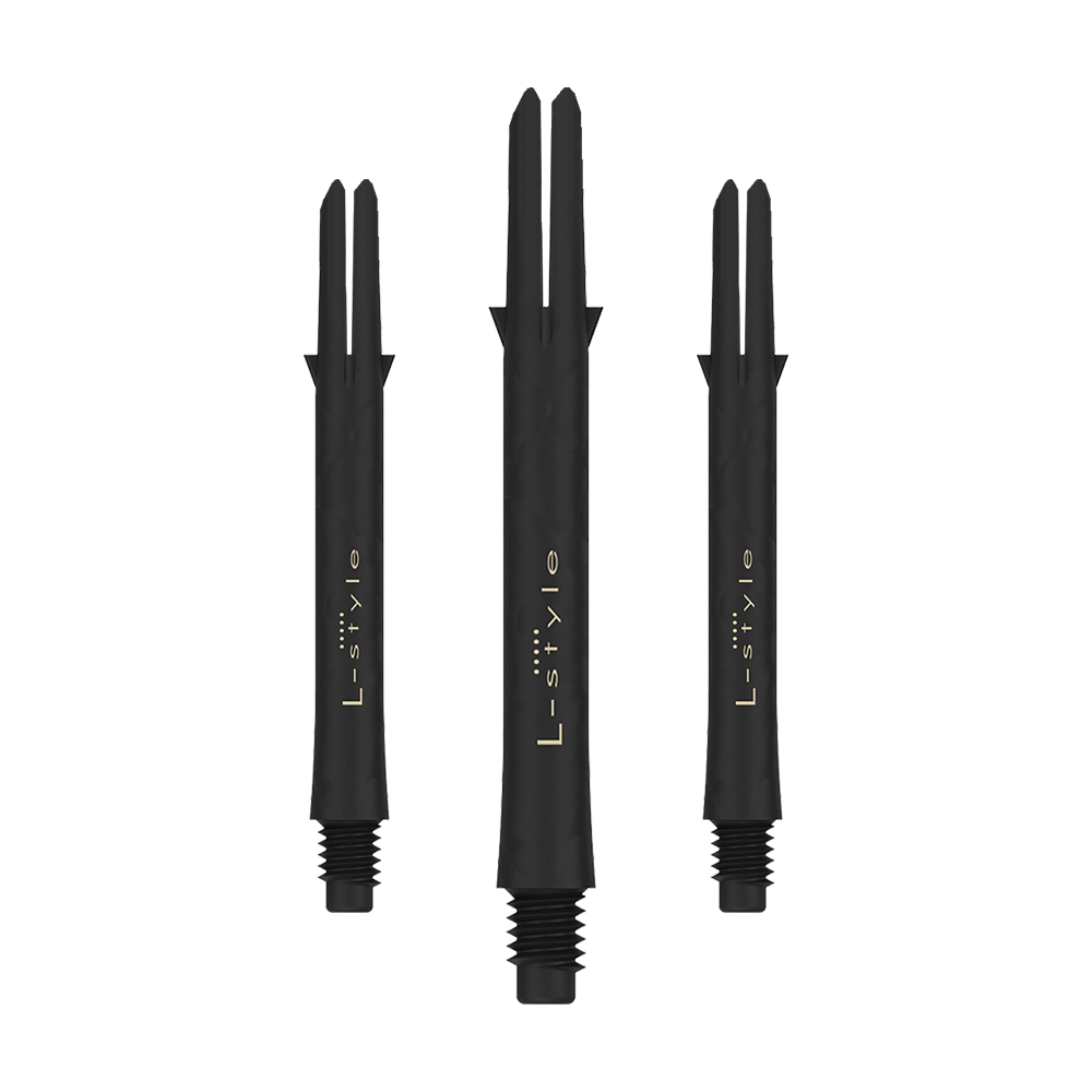 L-Style carbon schachten Das Bild zeigt drei schwarze Dartschäfte aus Carbon der Marke L-Style. Die Schäfte sind ohne Kappen und jeweils mit dem Schriftzug "L-style" versehen.