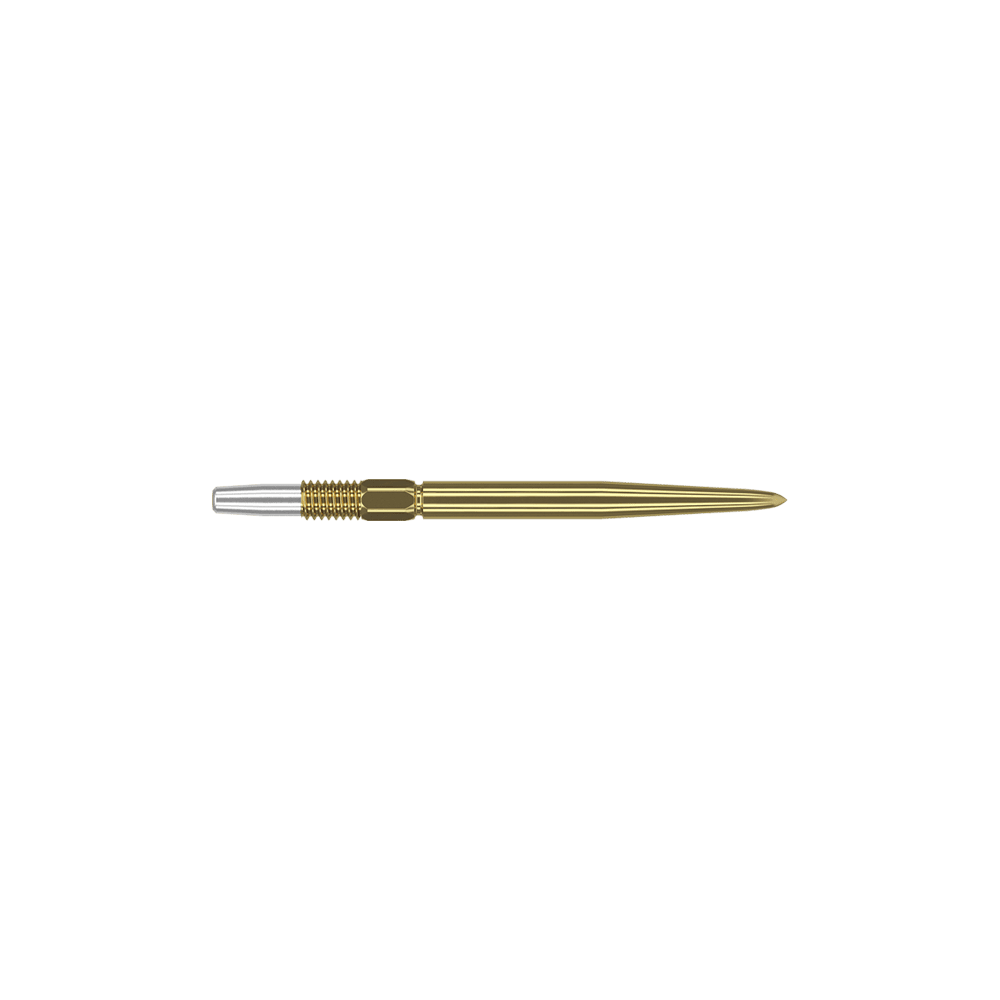 Target Swiss Point Gold darttips Das Bild zeigt eine goldfarbene Dartspitze mit feinen Rillen. Links befindet sich ein silbernes Schraubgewinde zur Befestigung.