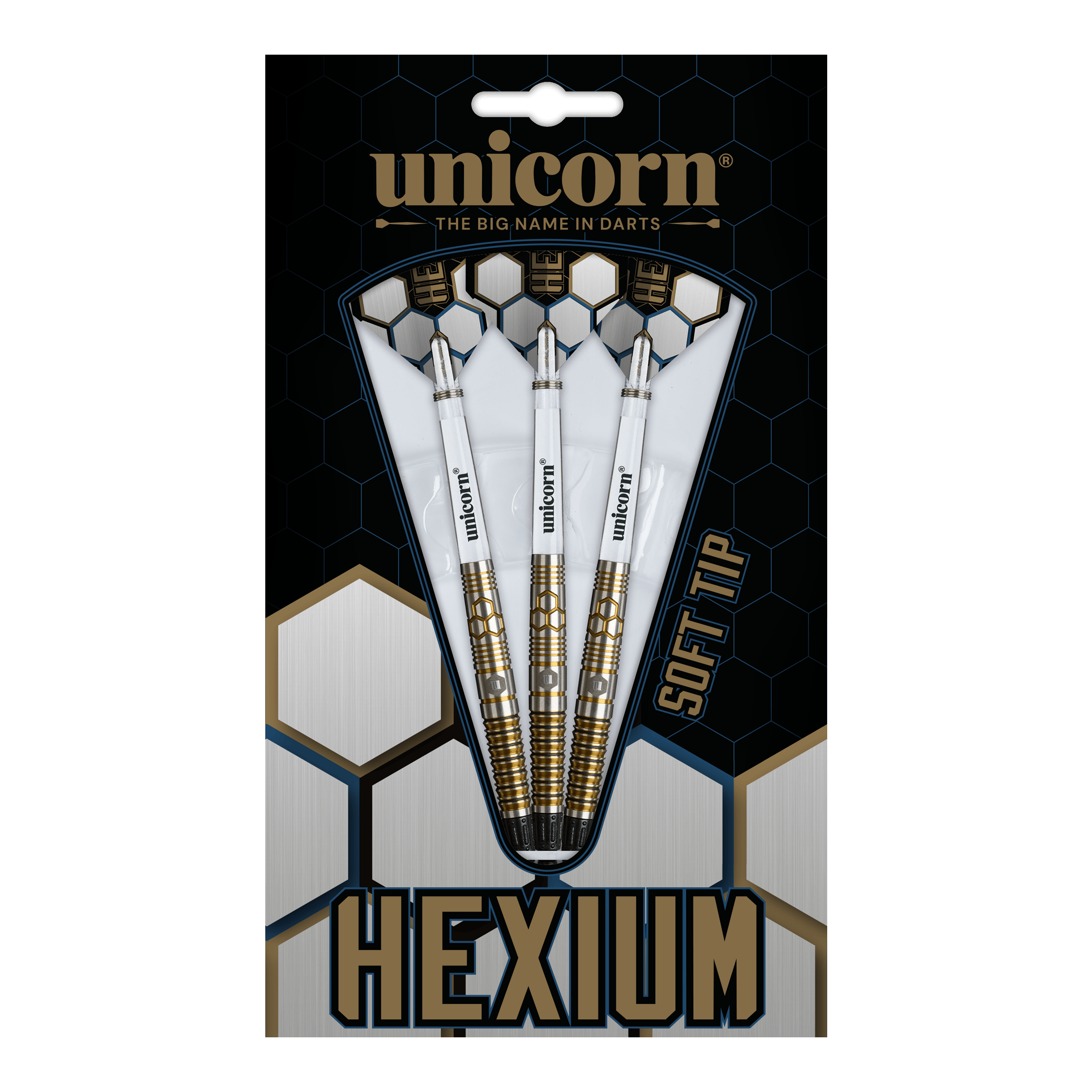 Unicorn Hexium Style 03 Goud & Zwart Soft Darts - 23 g Abgebildet sind die Unicorn Hexium Style 03 Gold & Black Softdarts mit 23g. Die Pfeile zeichnen sich durch ihr elegantes Design in Gold und Schwarz aus.