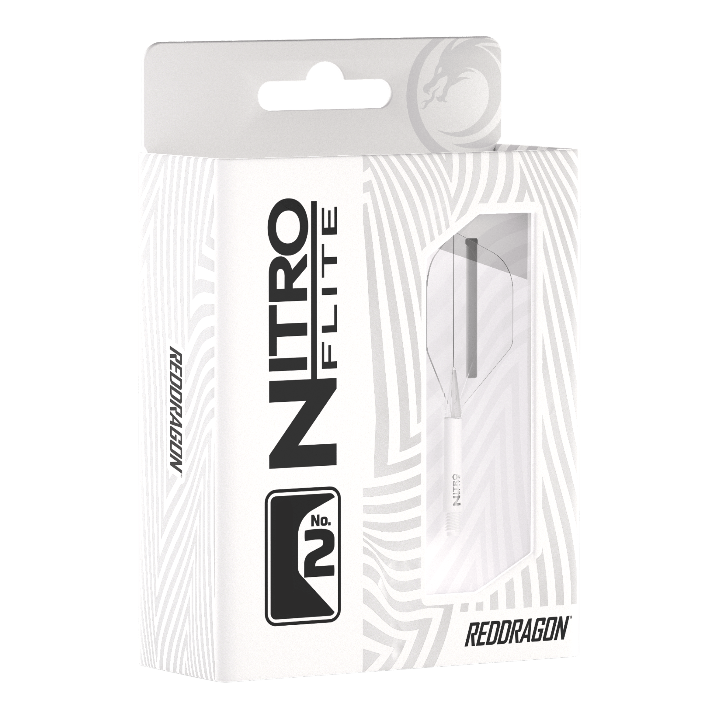 Red Dragon Nitroflite - Witte Schacht Clear No2 Vluchten Die Abbildung zeigt die Verpackung der „Red Dragon Nitroflite - White Shaft Clear No2 Flights“. Die Verpackung ist überwiegend weiß und hat ein Sichtfenster, durch das die Dartflights zu sehen sind.