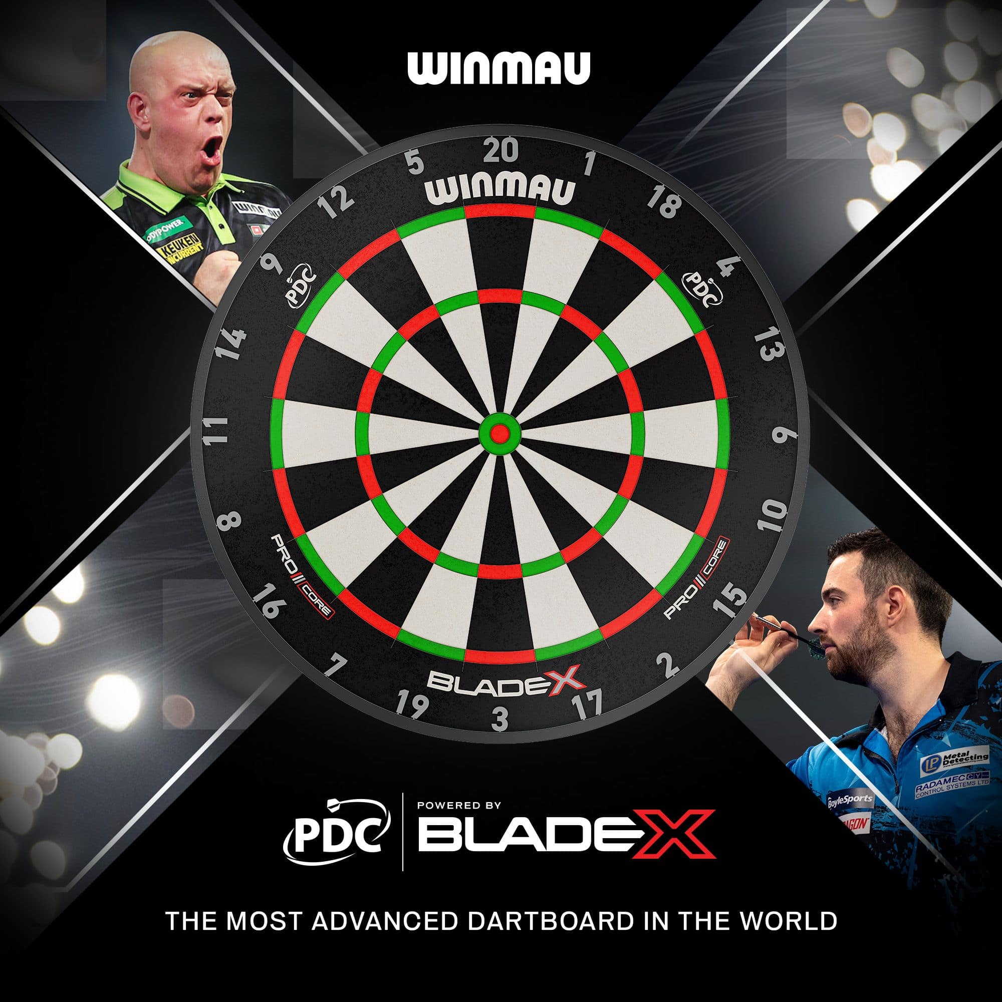 Winmau Blade X ProCore stalen dartbord Auf dem Bild ist ein Winmau Blade X ProCore Steeldartboard zu sehen. Es ist für den Gebrauch mit Steeldarts geeignet.