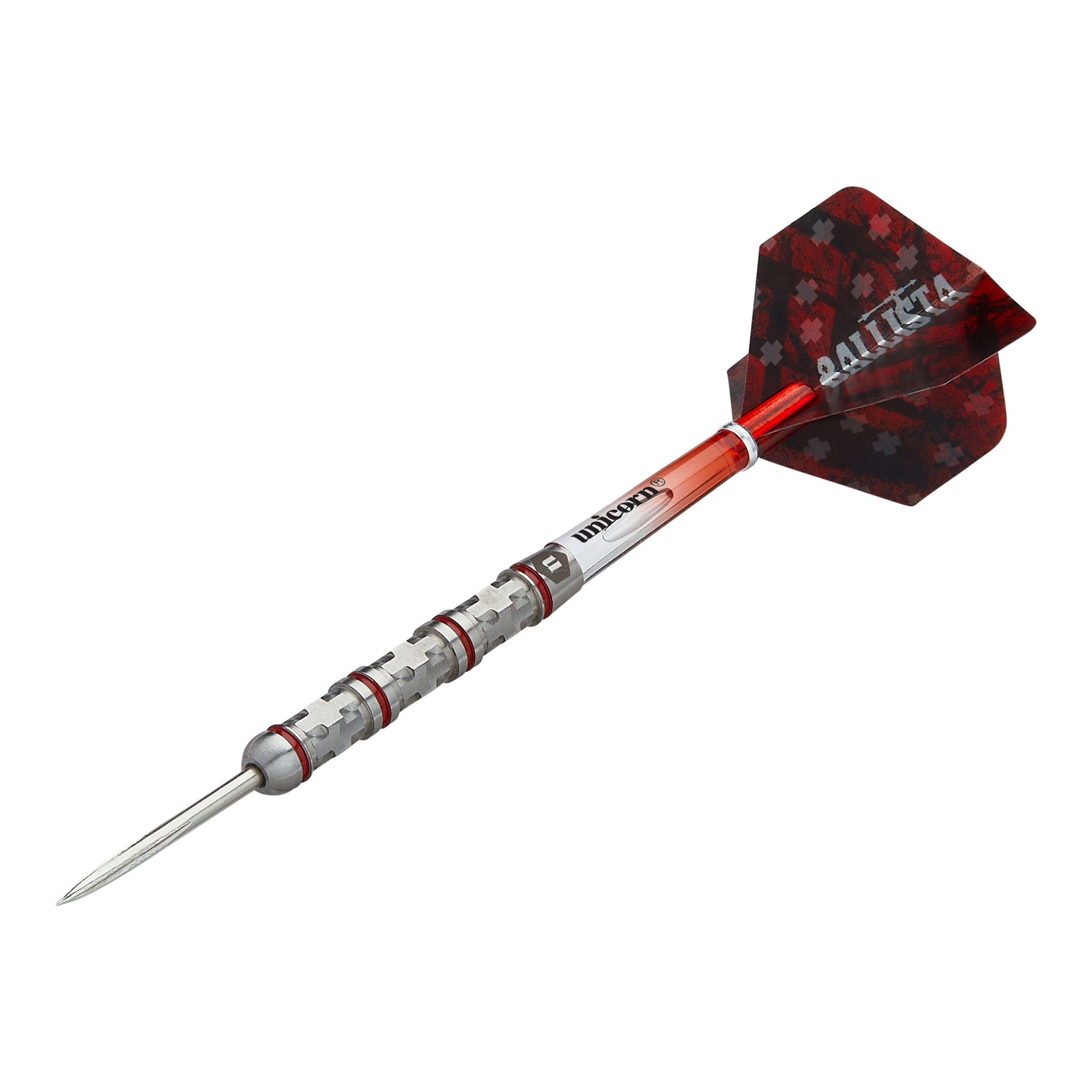 Unicorn Ballista Style 4 stalen darts Das Bild zeigt einen Unicorn Ballista Style 4 Steeldart. Der Dartpfeil hat eine rot-silberne Farbgebung und ein markantes Flight-Design.