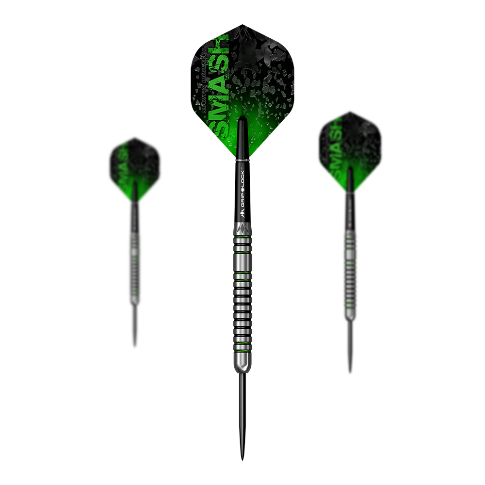 Missie Martin Lukeman Smash Steeldarts - 23g Das Bild zeigt drei Steeldarts mit dem Namen „Mission Martin Lukeman Smash Steeldarts - 23g“. Die Flights sind schwarz-grün und tragen den Schriftzug „SMASH“.