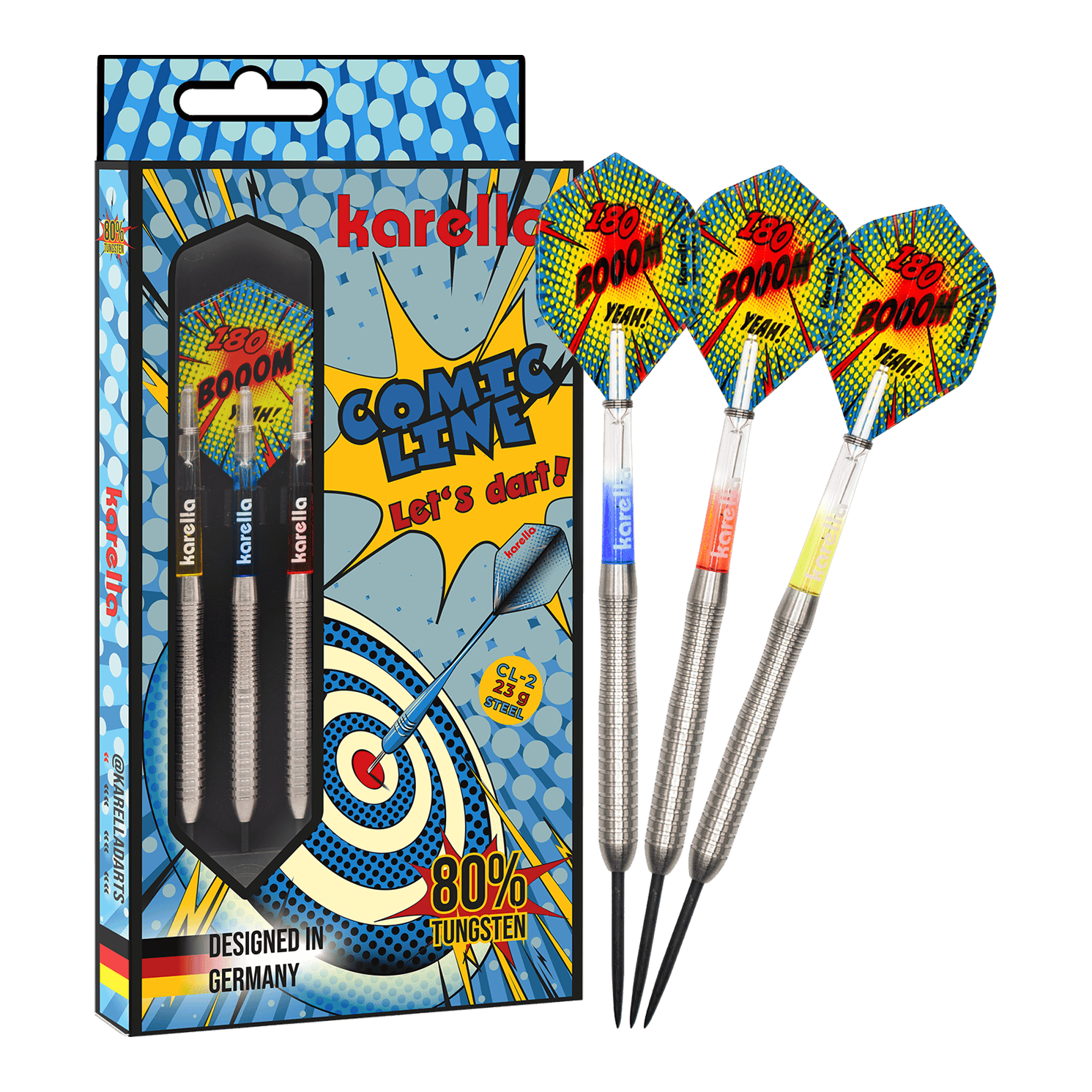 Karella Comic Line CL-2 stalen dartpijlen - 23 g Zu sehen ist das vollständige Set der Karella Comic Line CL-2 Steeldarts in 23g. Die Steeldarts bieten eine gute Balance für ambitionierte Spieler.