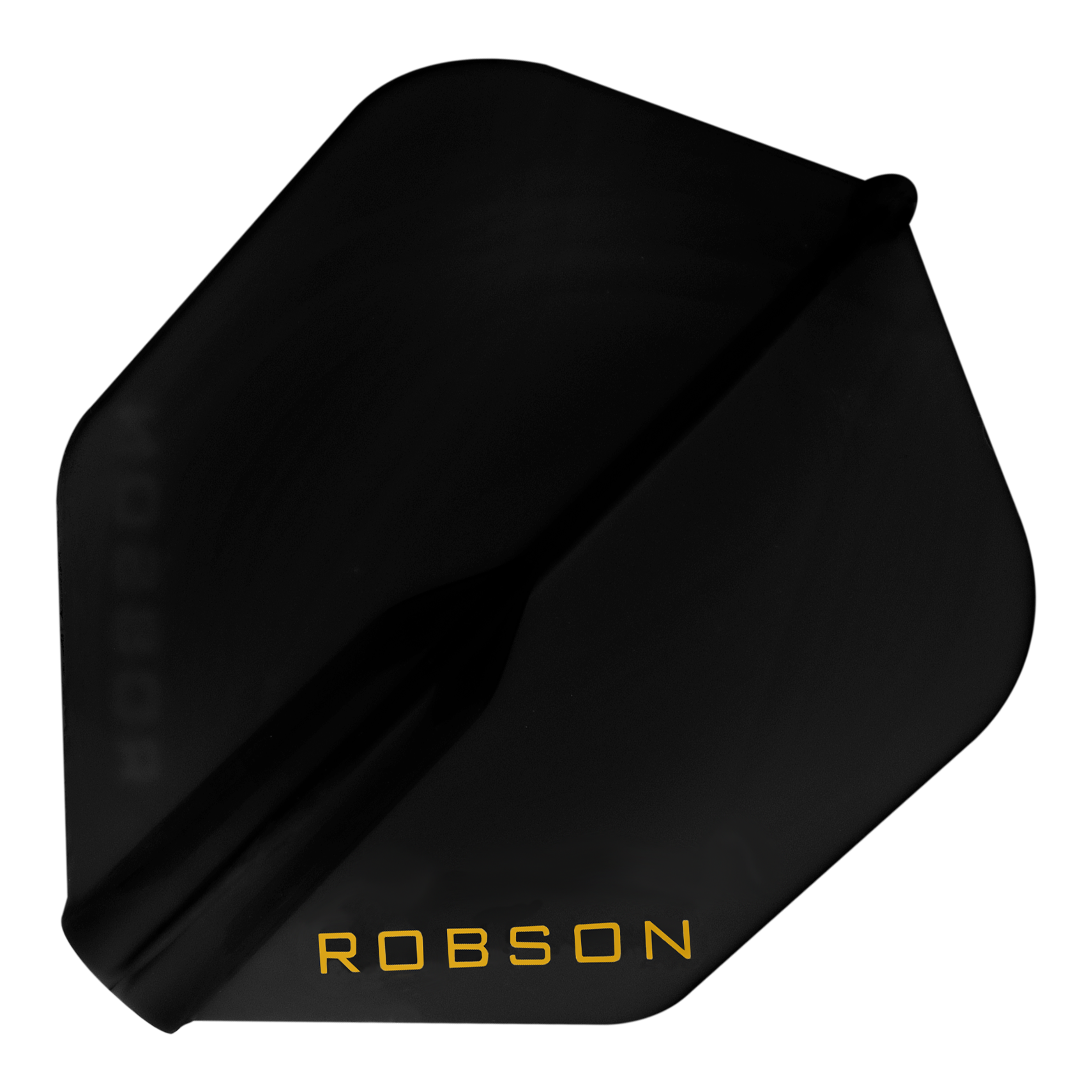 Robson Plus No6 Flights Auf dem Bild ist ein schwarzes Dart-Flight zu sehen. In einer Ecke steht das Wort "ROBSON" in gelber Schrift.