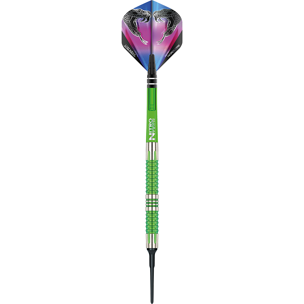 Das Bild zeigt einen Softdart der Marke "Red Dragon Peter Wright Snakebite Mamba 2". Der Dart hat ein auffälliges grünes Griffstück und eine Flight mit Schlangenmotiven.