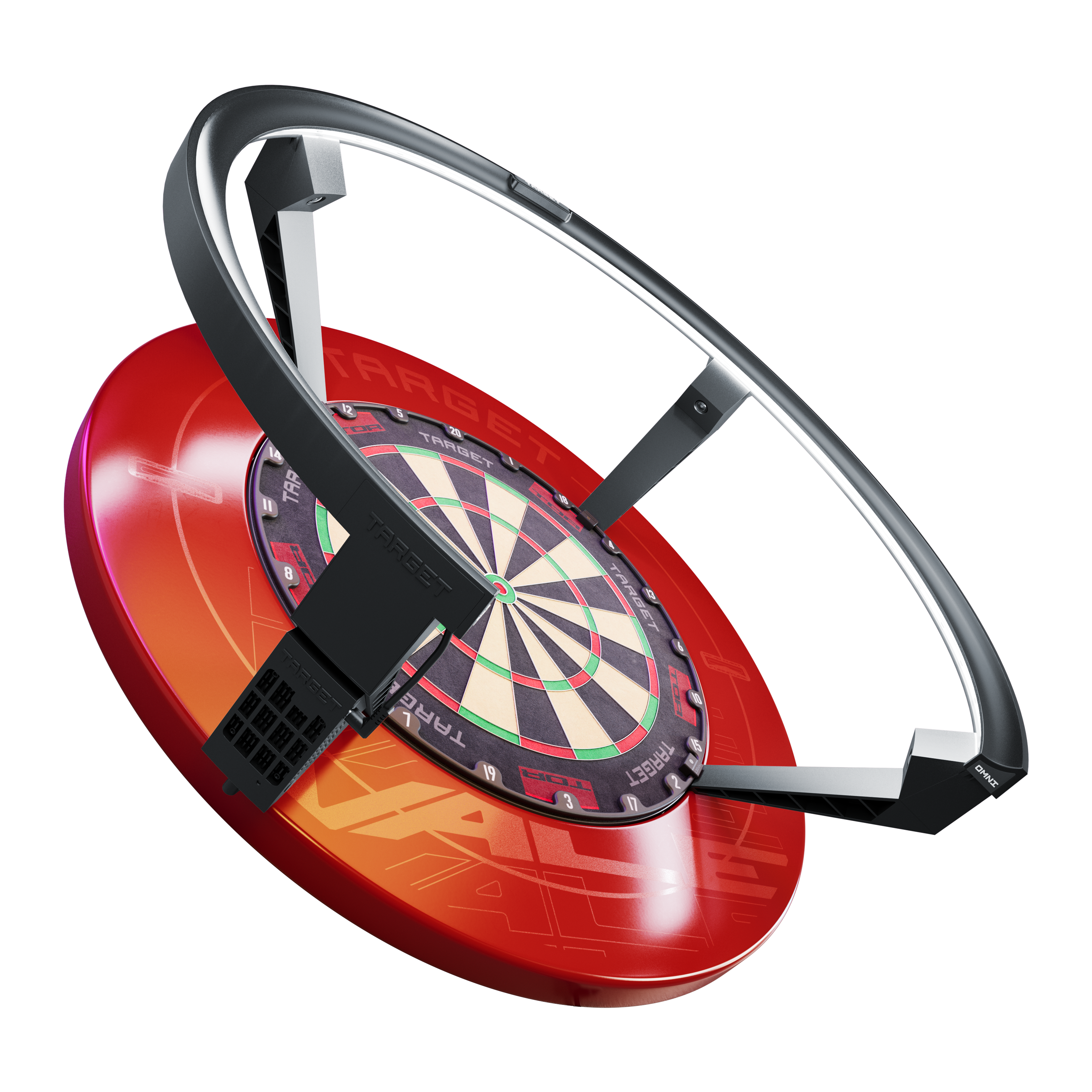 Target OMNI auto-scoring systeem Das Bild zeigt das Produkt "Target OMNI Auto-Scoring-System", ein innovatives automatisches Punktesystem für Dartscheiben. Es besteht aus einem roten Sockel, einer Dartscheibe und einem großen schwarzen Ring, der über der Scheibe angebracht ist.