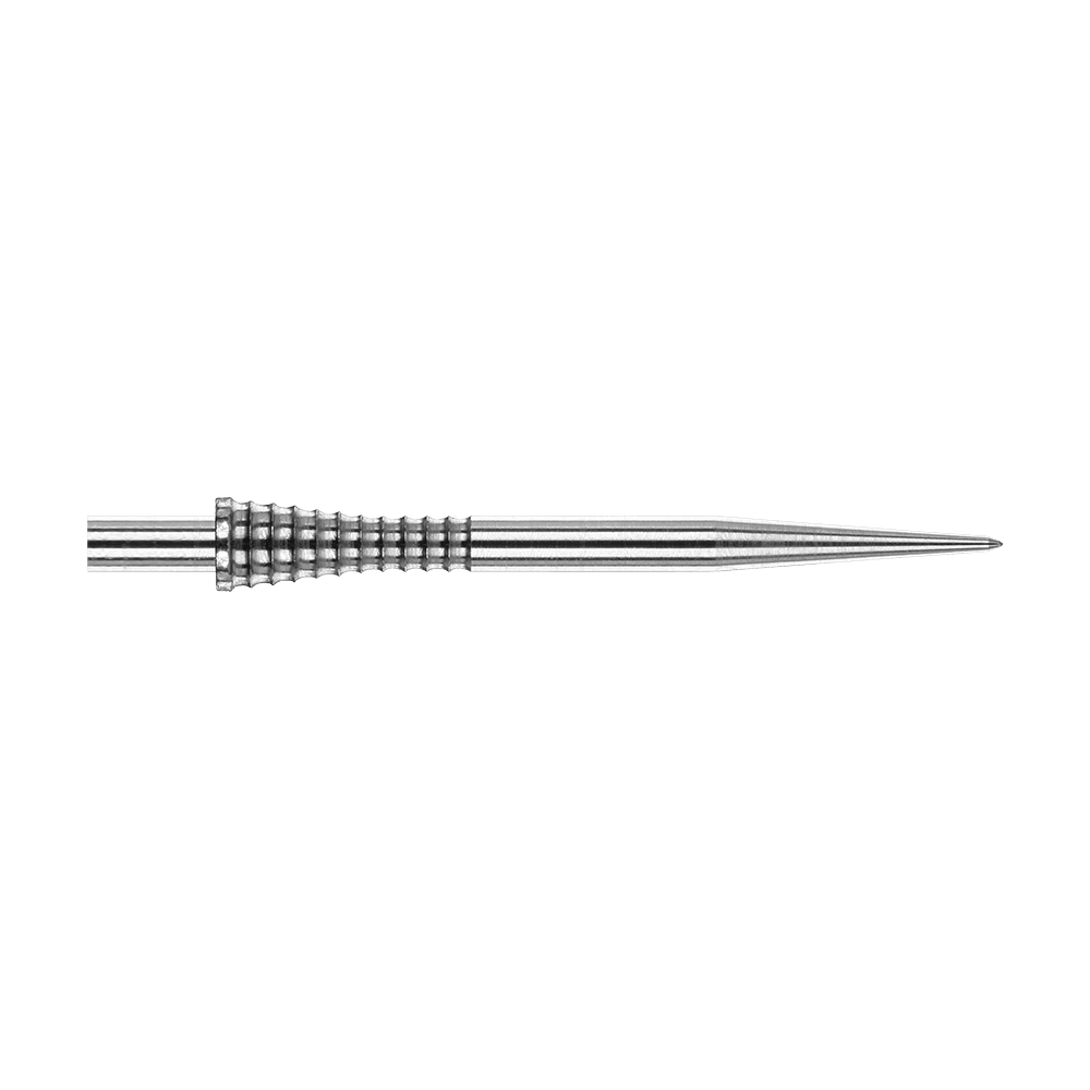 Red Dragon Raptor Gripped Zilveren stalen dartpunten 38mm Das Bild zeigt die Red Dragon Raptor Gripped Silver Steeldartspitze mit einer Länge von 38 mm. Die Dartspitze besteht aus silbernem Metall und hat einen geriffelten Griffbereich für besseren Halt.