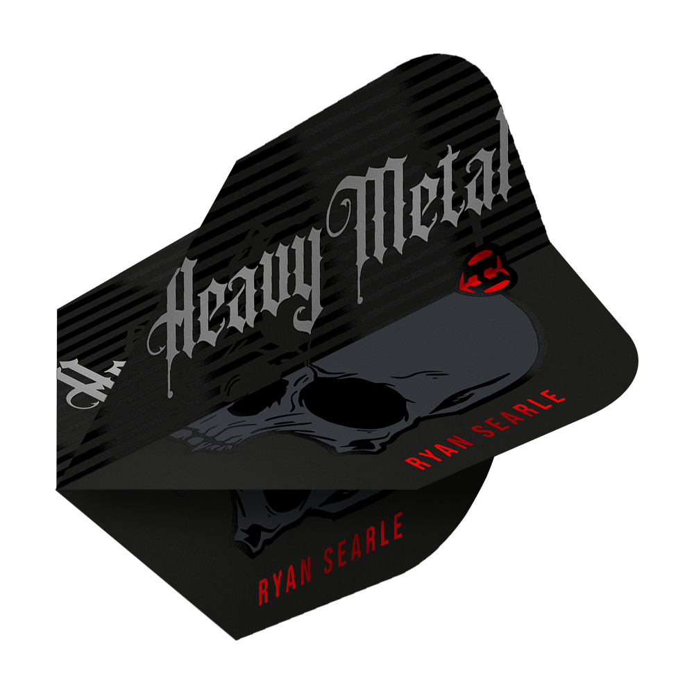 Harrow's Ryan Searle Heavy Metal Series 2 Vluchten Das Bild zeigt ein Dart-Flight mit der Aufschrift "Heavy Metal" und einem Totenkopf-Design. Unten steht in roten Buchstaben der Name "Ryan Searle".