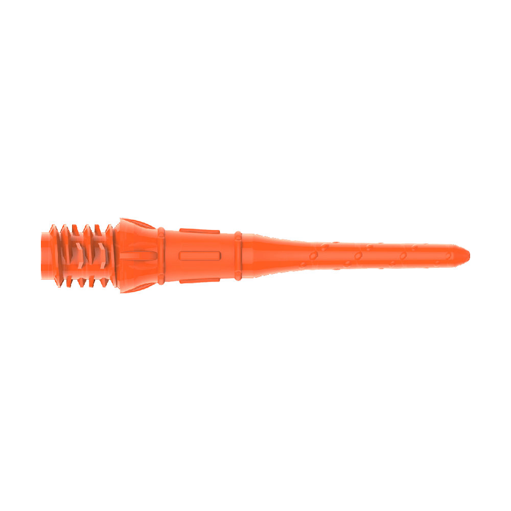 Premium Lippoints (30er Pack) - Spitzen Das Bild zeigt eine orangefarbene Dartspitze aus Kunststoff. Sie hat ein Gewinde am einen Ende und ist am anderen Ende spitz zulaufend.