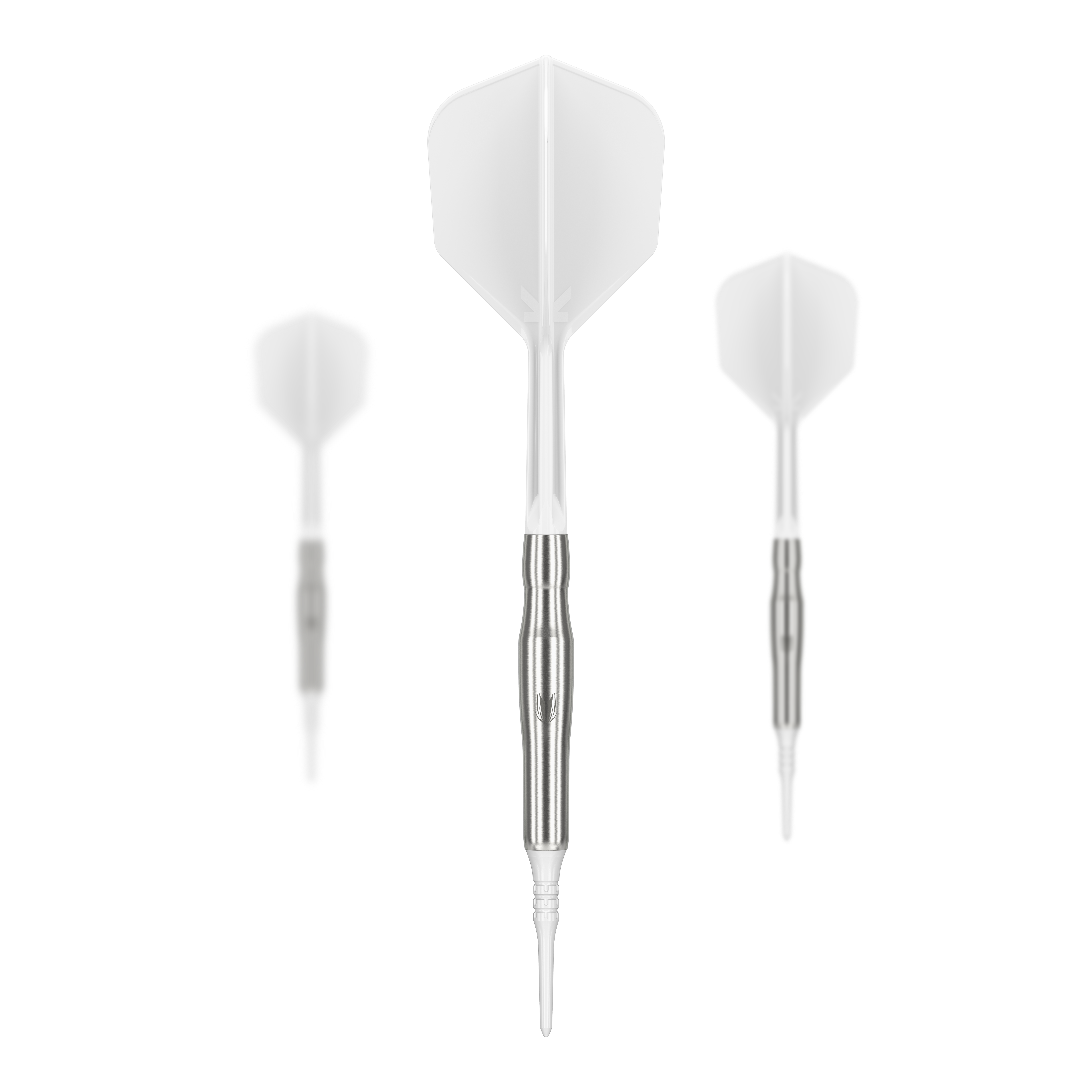 Target Japan Crux Brave Soft Darts - 18,5 g Das Bild zeigt drei Softdarts des Produkts "Target Japan Crux Brave Softdarts - 18,5g". Die Darts haben silberne Schäfte und weiße Flights.