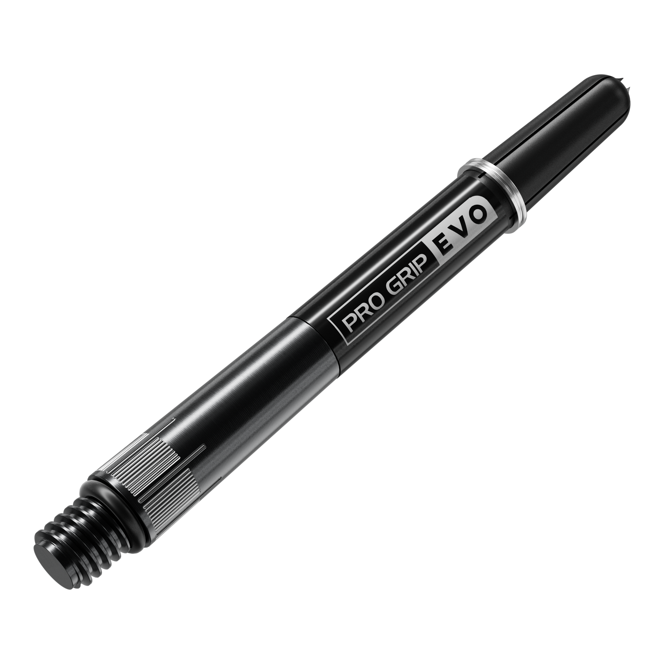 Das Bild zeigt einen schwarzen Pro Grip Evo Dart-Schaft aus Titan. Auf dem Schaft steht "PRO GRIP EVO" in weißen Buchstaben.