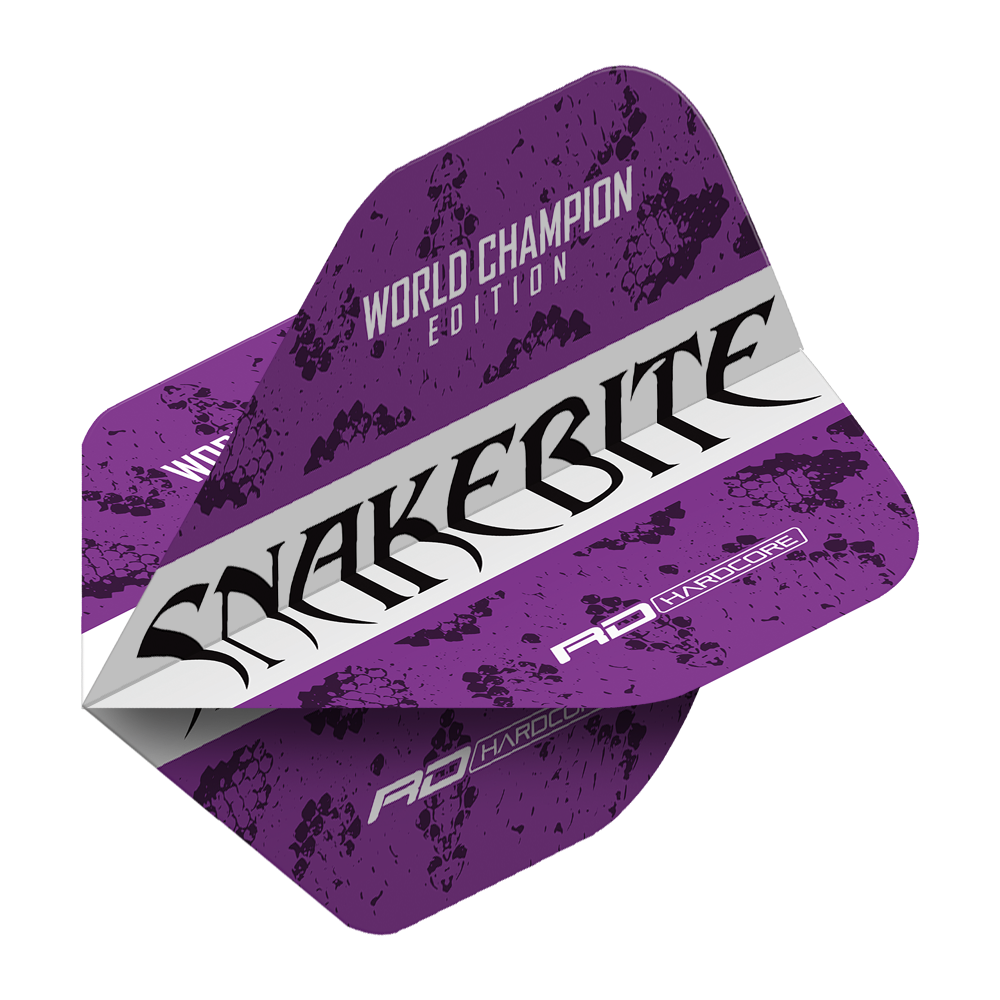 TF6495_Red_Dragon_Peter_Wright_World_Champion_Purple_White_Flights_2 Dies ist ein lila-weißes Dart-Flight mit dem Aufdruck "SNAKEBITE" in schwarzer Schrift. Oben steht "World Champion Edition" und das Design zeigt ein Schlangenhautmuster.
