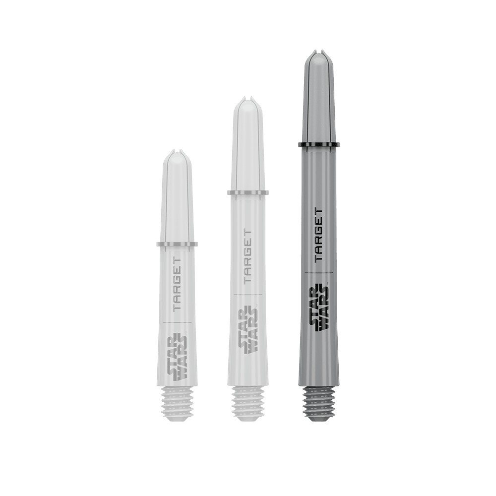 Target Star Wars ProGrip Shafts - Grijs Das Bild zeigt ein Dart-Zubehör mit dem Dateinamen 380432_Target_StarWars_ProGrip_Shafts_Grau_Medium_48mm_1. Es handelt sich wahrscheinlich um einen einzelnen grauen Medium ProGrip Shaft von Star Wars mit 48mm Länge.