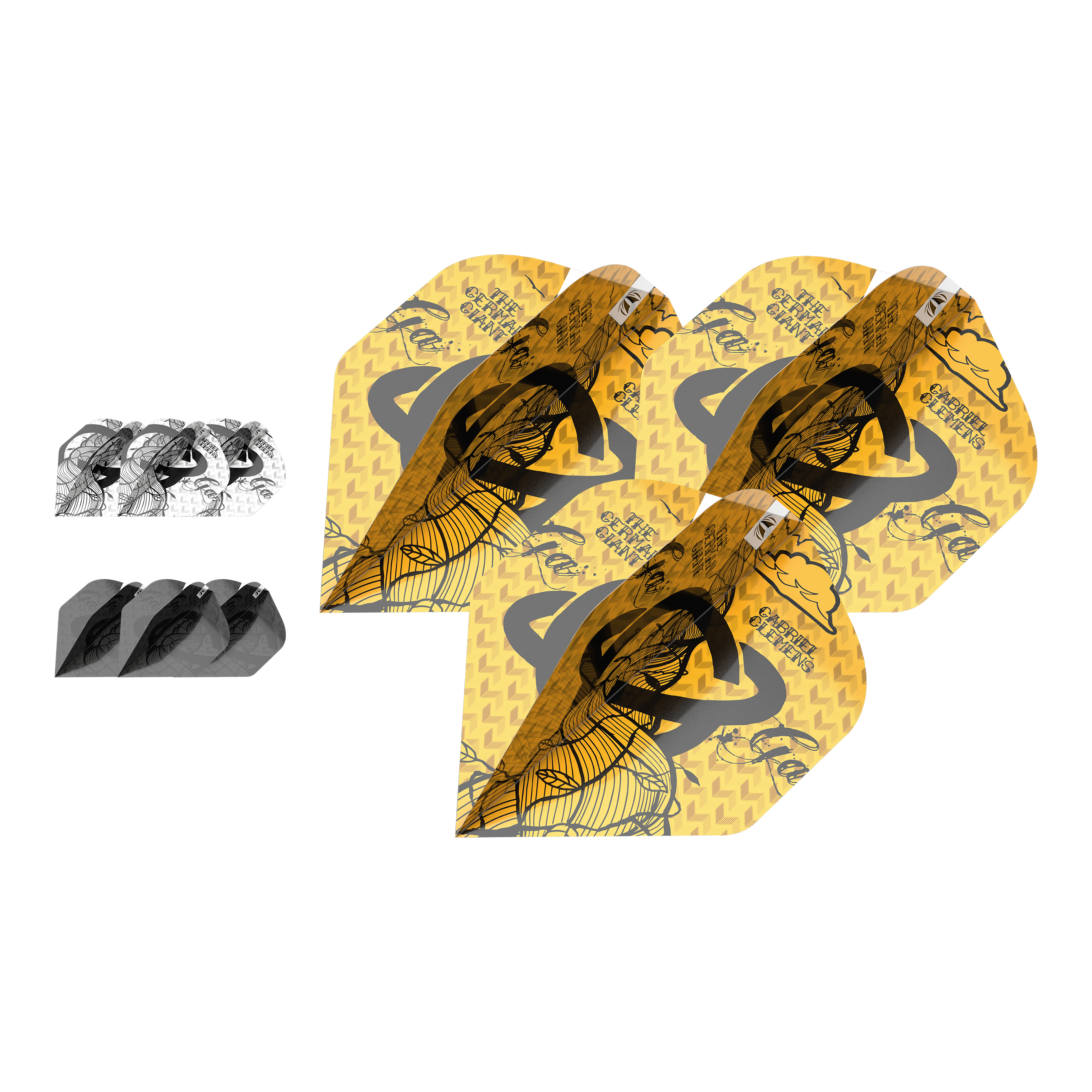 Target Inktbundel 3 sets Gabriel ClemensNo2 standaardvluchten Das Bild zeigt drei Sets von Gabriel Clemens No2 Standard Flights aus der Target Ink Bundle Kollektion. Die Flights haben unterschiedliche Designs in Gelb, Schwarz und Weiß.