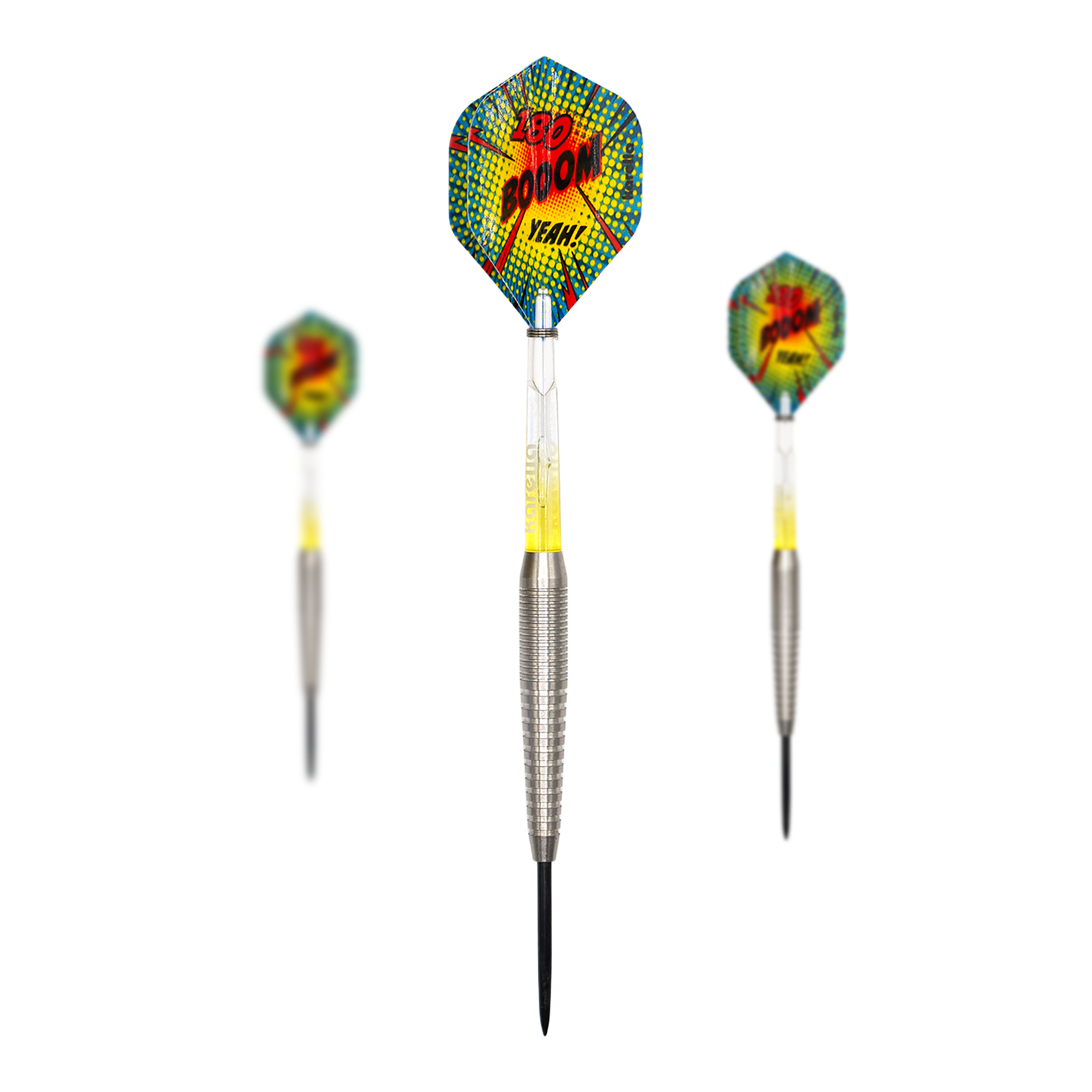 Abgebildet wird das Set Karella Comic Line CL-5 Steeldarts - 21g. Das Set beinhaltet mehrere Steeldarts mit Comic-Motiv.
