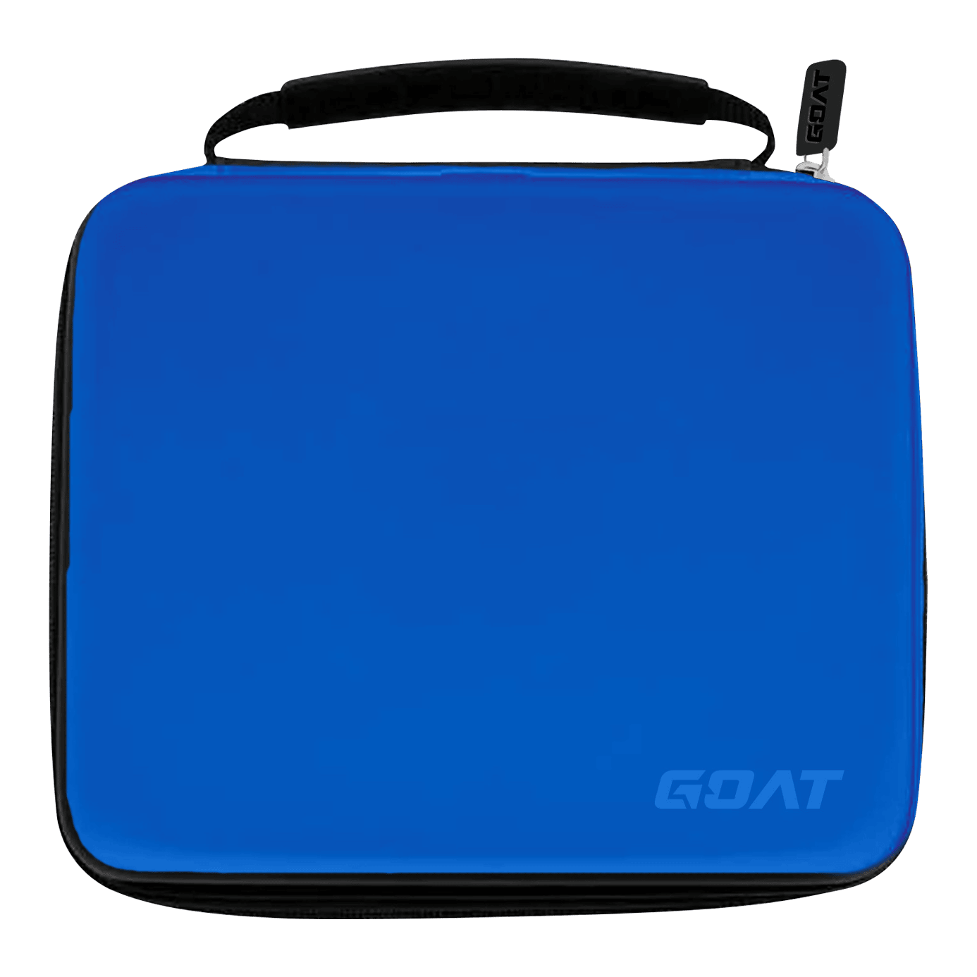 GOAT Locker XXL Dart Portemonnee Dies ist ein rechteckiges Dart-Etui in leuchtendem Blau mit schwarzem Reißverschluss und Tragegriff. In der unteren rechten Ecke befindet sich das Logo "GOAT".