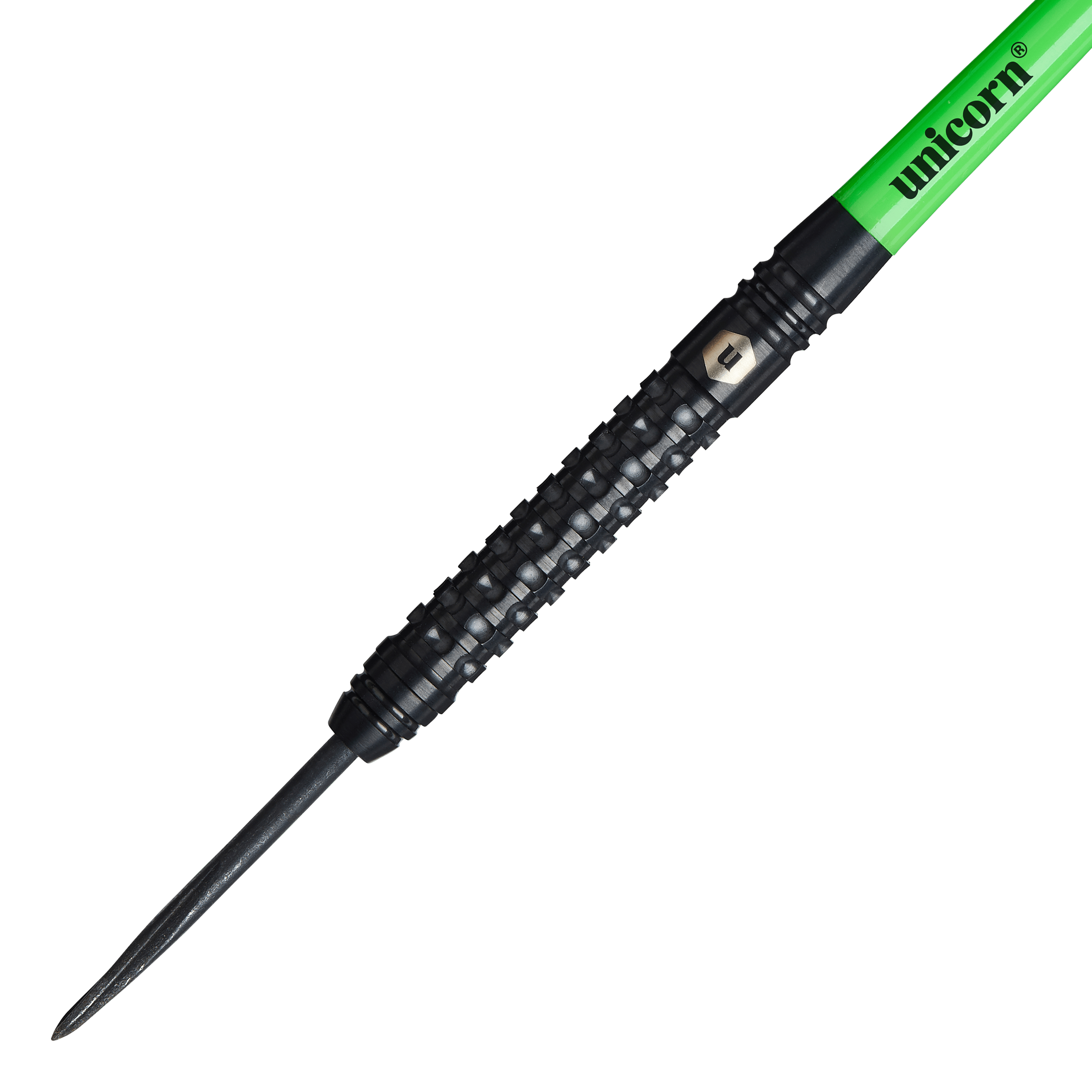 Unicorn Wraith stalen darts Das Bild zeigt einen Unicorn Wraith Steeldart mit schwarzem, strukturiertem Griff. Der Schaft ist grün und trägt die Aufschrift "unicorn".