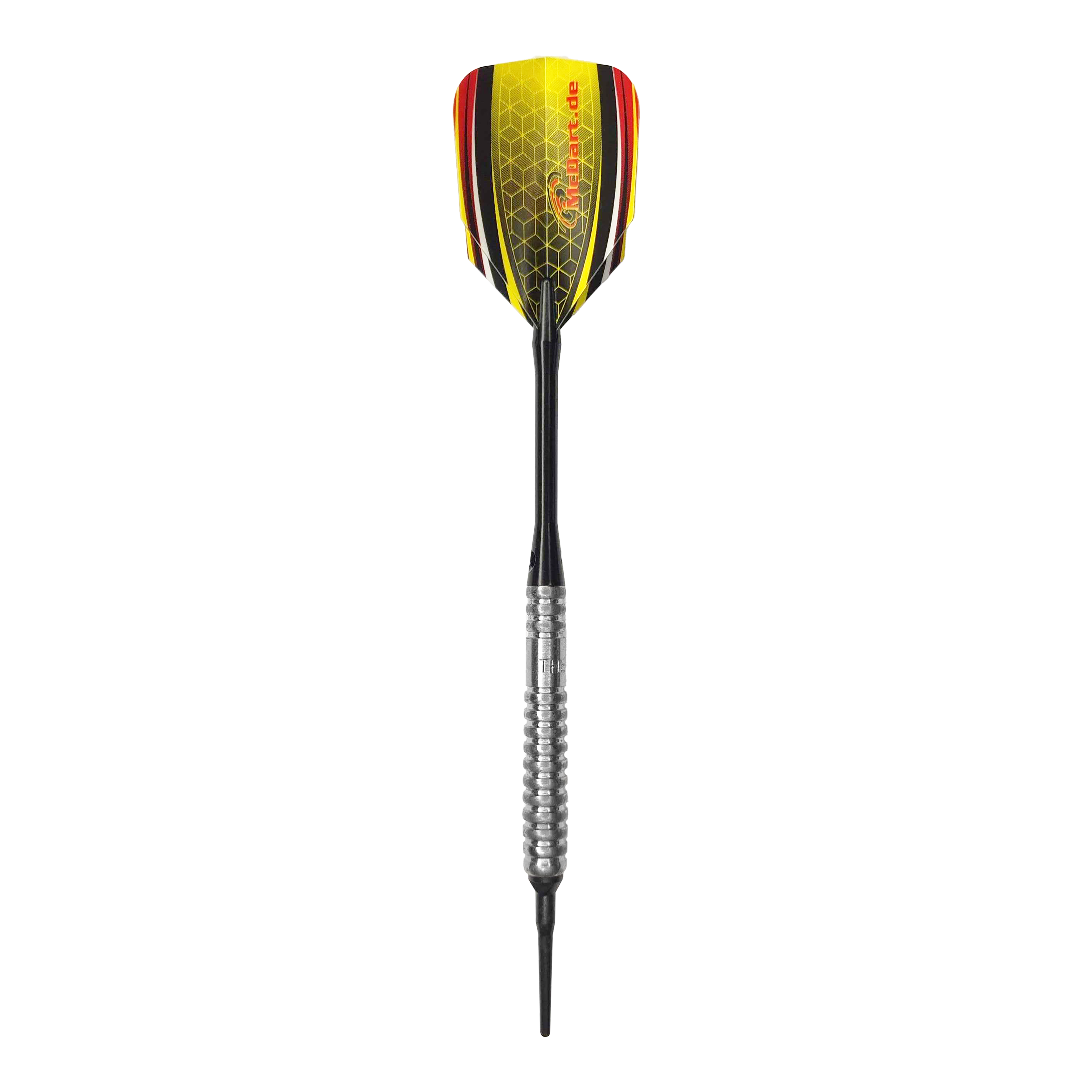 McDart 85 Tungsten V20 Zachte Darts - 17g Dies ist ein Softdart namens "McDart 85er Tungsten V20" mit einem Gewicht von 17g. Der Dart hat einen silbernen Griff und gelb-schwarze Flights mit roten Akzenten.