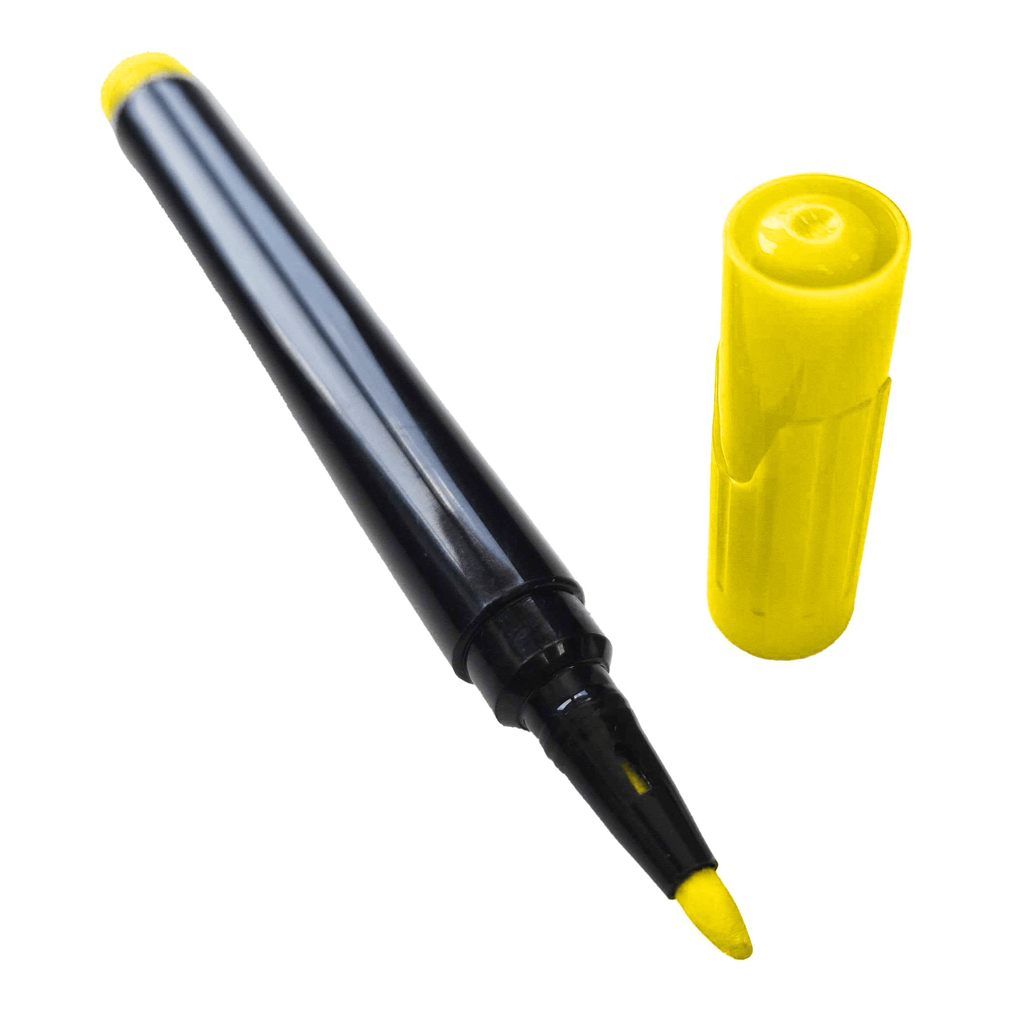 Bordmarker Auf dem Bild ist ein gelber Boardmarker mit abgenommener Kappe zu sehen. Der Stift liegt schräg, während die gelbe Kappe daneben steht.