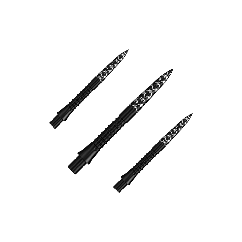 Mission Caliburn EVO dartpunten met GV-logo - Zwart Das Bild zeigt ein Set schwarzer Steeldartspitzen mit GV-Logo, 26 mm lang. Diese Spitzen sind speziell für Dartpfeile entwickelt worden.