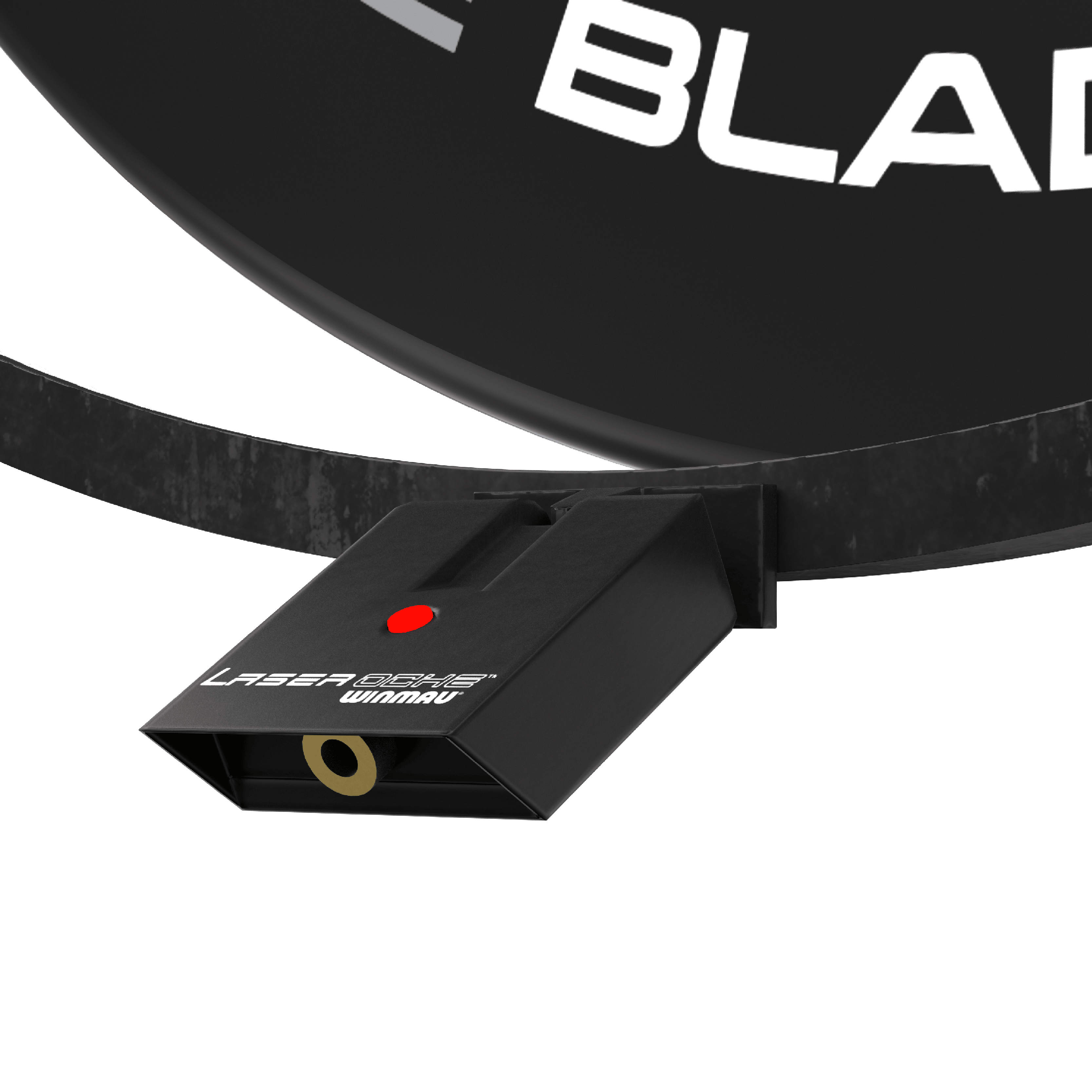 Winmau Plasma-accessoireset Das Bild zeigt das Winmau Plasma Zubehör Set, das an einem Dartboard befestigt ist. Sichtbar ist ein schwarzes Gerät mit der Aufschrift "Laser Oche Winmau" und einem roten Knopf.