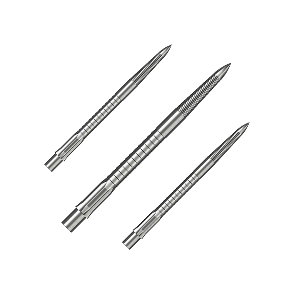 Das Bild zeigt ein Set von Steeldartspitzen mit Micro Grip, Silber, 36mm. Die Spitzen sind nebeneinander auf weißem Hintergrund angeordnet.