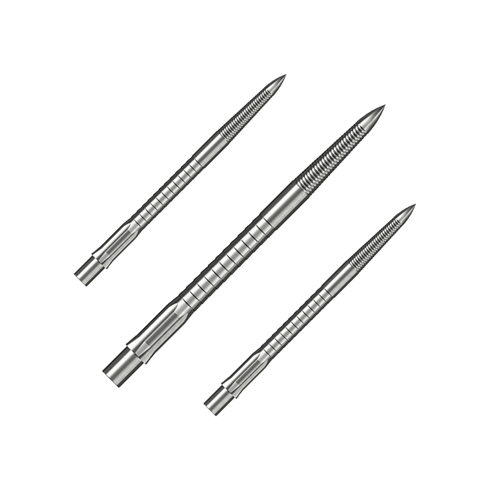 Caliburn System stalen dartpunten - Micro Grip - Zilver Das Bild zeigt ein Set von Steeldartspitzen mit Micro Grip, Silber, 36mm. Die Spitzen sind nebeneinander auf weißem Hintergrund angeordnet.