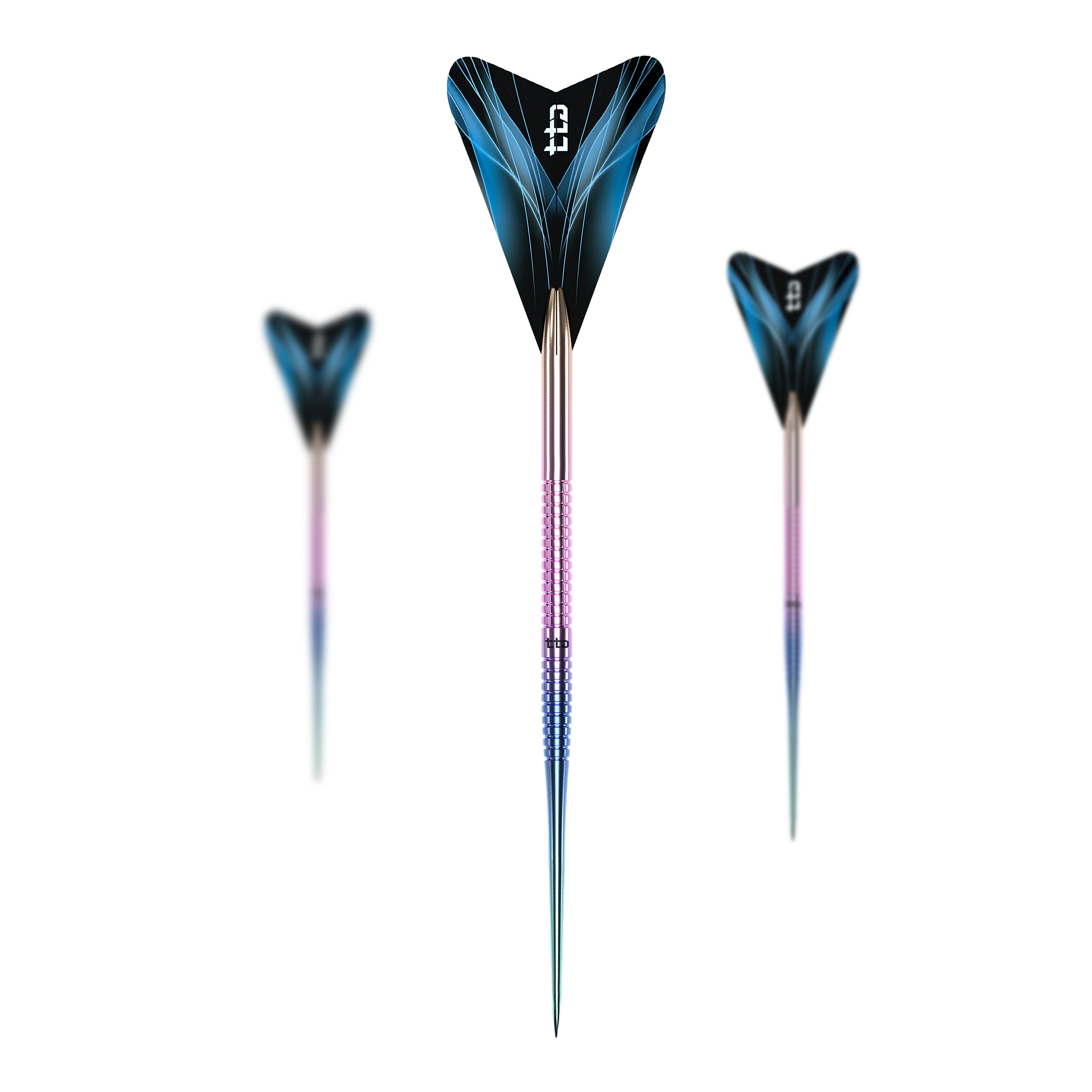 Caliburn TTD Complete Titanium T1 Regenboog Steeldarts - 5g Dies ist ein Set des Caliburn TTD Complete Titanium T1 Rainbow Steeldarts - 5g. Mehrere Dartpfeile mit regenbogenfarbenem Design sind zu sehen.