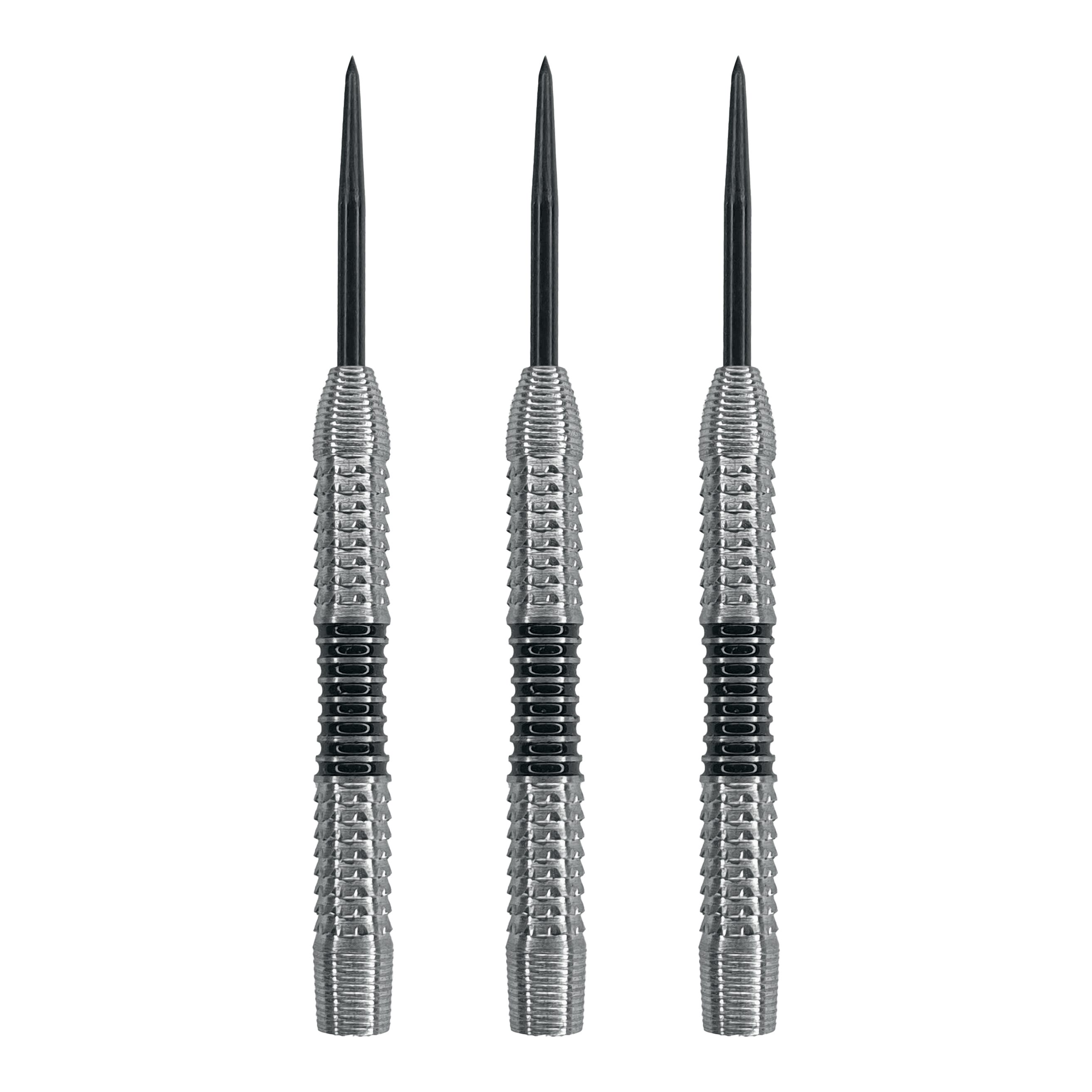 McDart Black Stripe 2 stalen dartvaten - 22g Das Bild zeigt drei Steeldart-Barrels mit silberner Oberfläche und schwarzen Ringen in der Mitte. Es handelt sich um das Produkt "McDart Black Stripe 2 Steeldart-Barrels - 22g".