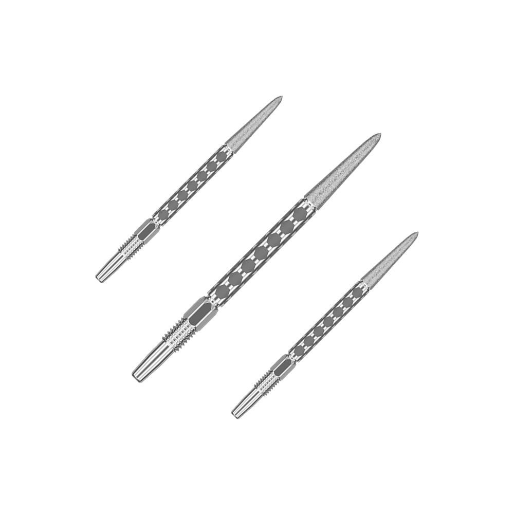 Target Swiss FLT Point dartpunten - zilver Ein Set mit mehreren kurzen silbernen Dartspitzen ist nebeneinander angeordnet. Die Spitzen laufen parallel.
