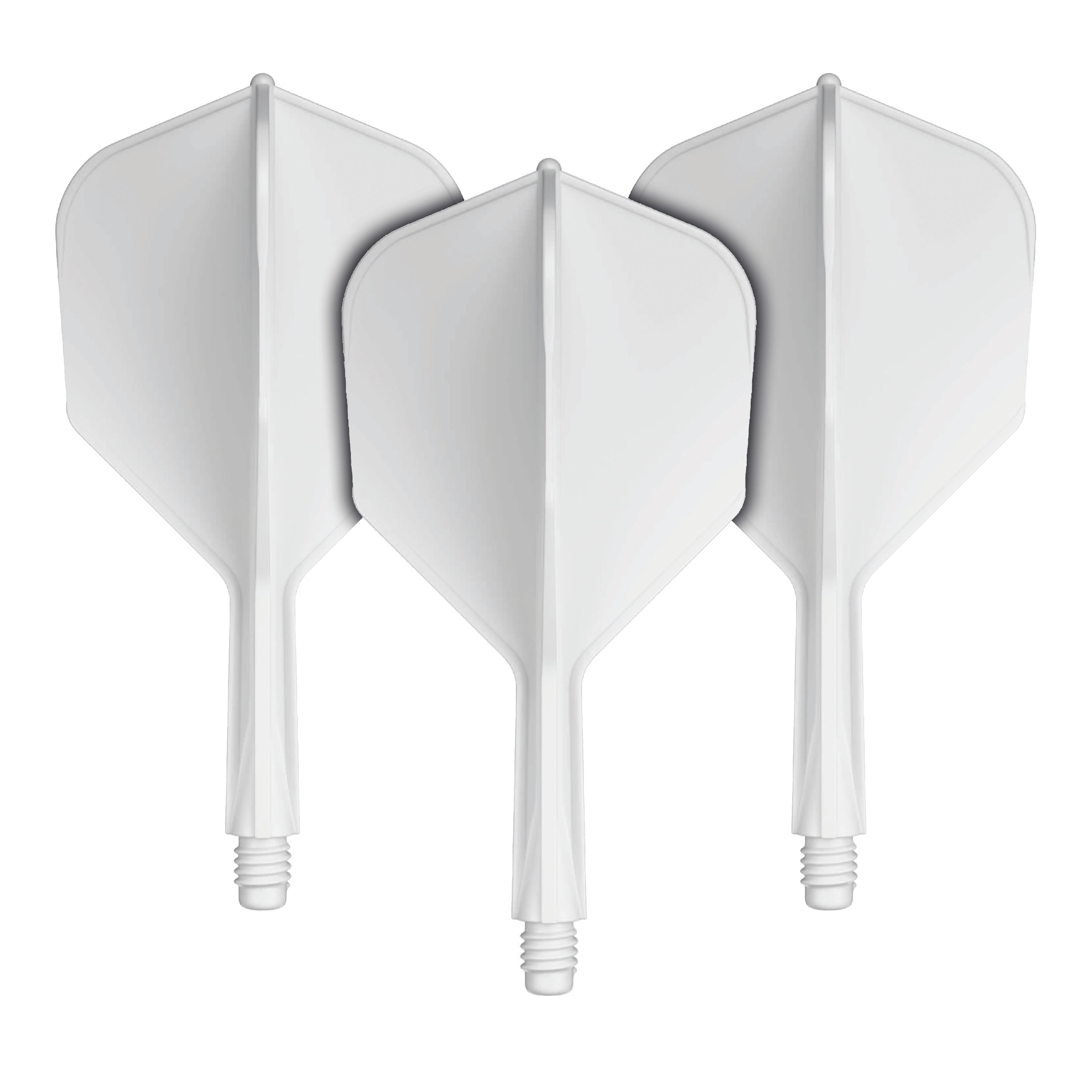 GOAT A1R No6 Flight Shaft-systeem - Wit Auf dem Bild sind drei weiße Dart-Flügel mit Schäften zu sehen. Sie sind nebeneinander angeordnet und zeigen alle nach oben.