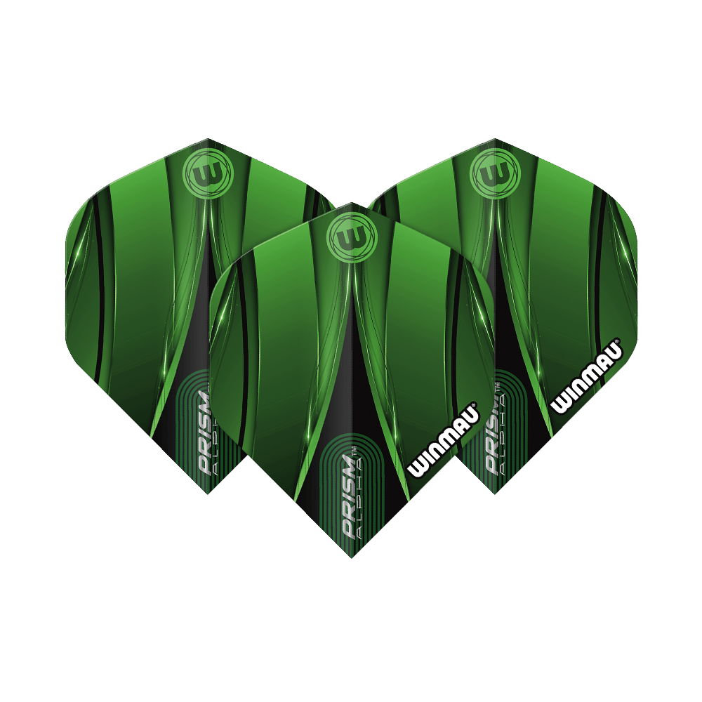 Winmau Alpha Sniper Green Standaardvluchten Das Bild zeigt drei grüne Dart-Flights des Modells „Winmau Alpha Sniper Green Standard Flights“. Die Flights haben ein modernes, grünes Design mit schwarzen Akzenten und dem weißen Winmau-Logo.