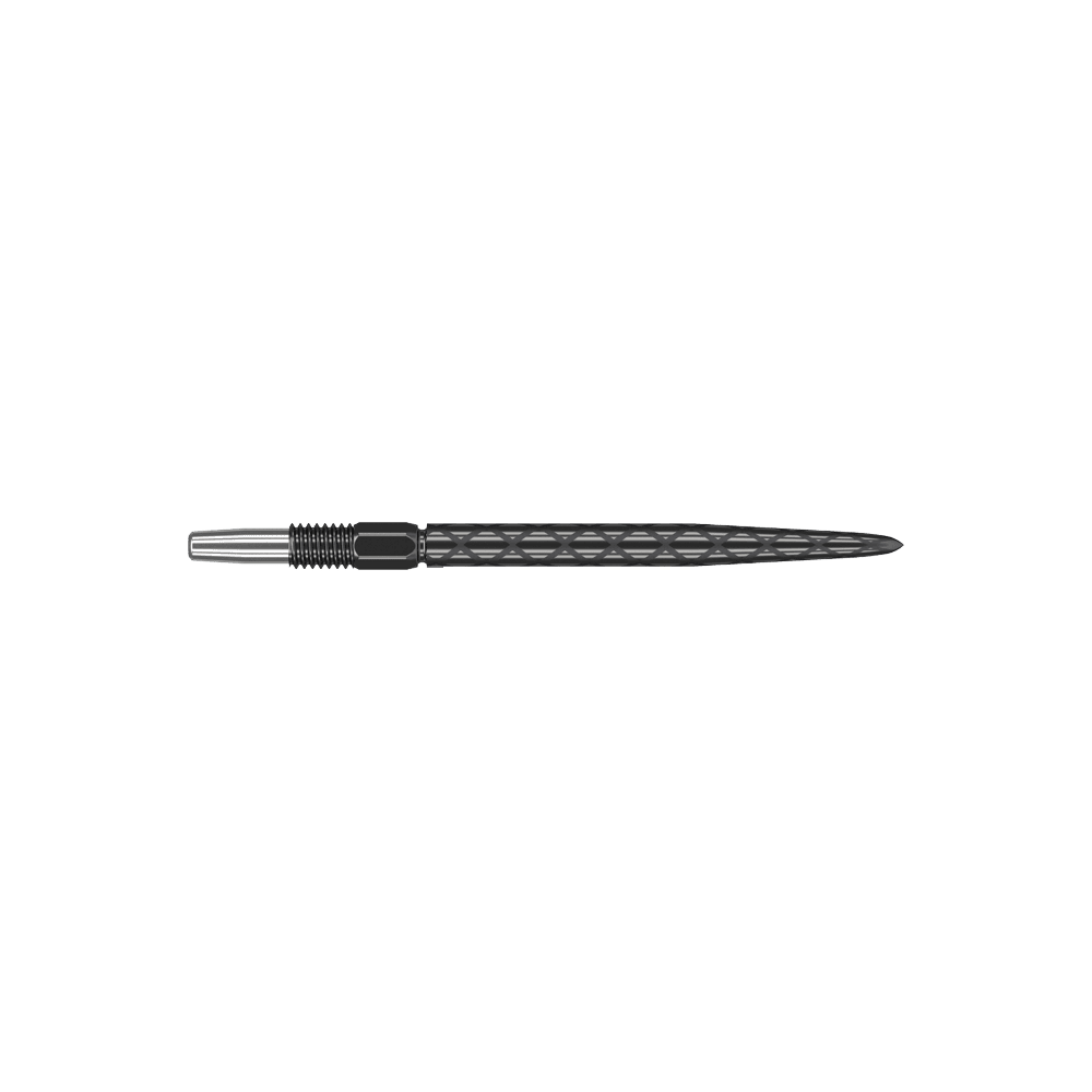 Target Swiss Diamond Pro Black Points dartpunten Das Bild zeigt eine schwarze Dartspitze mit einem rautenförmigen Muster. Sie ist schlank und hat ein Schraubgewinde am hinteren Ende.