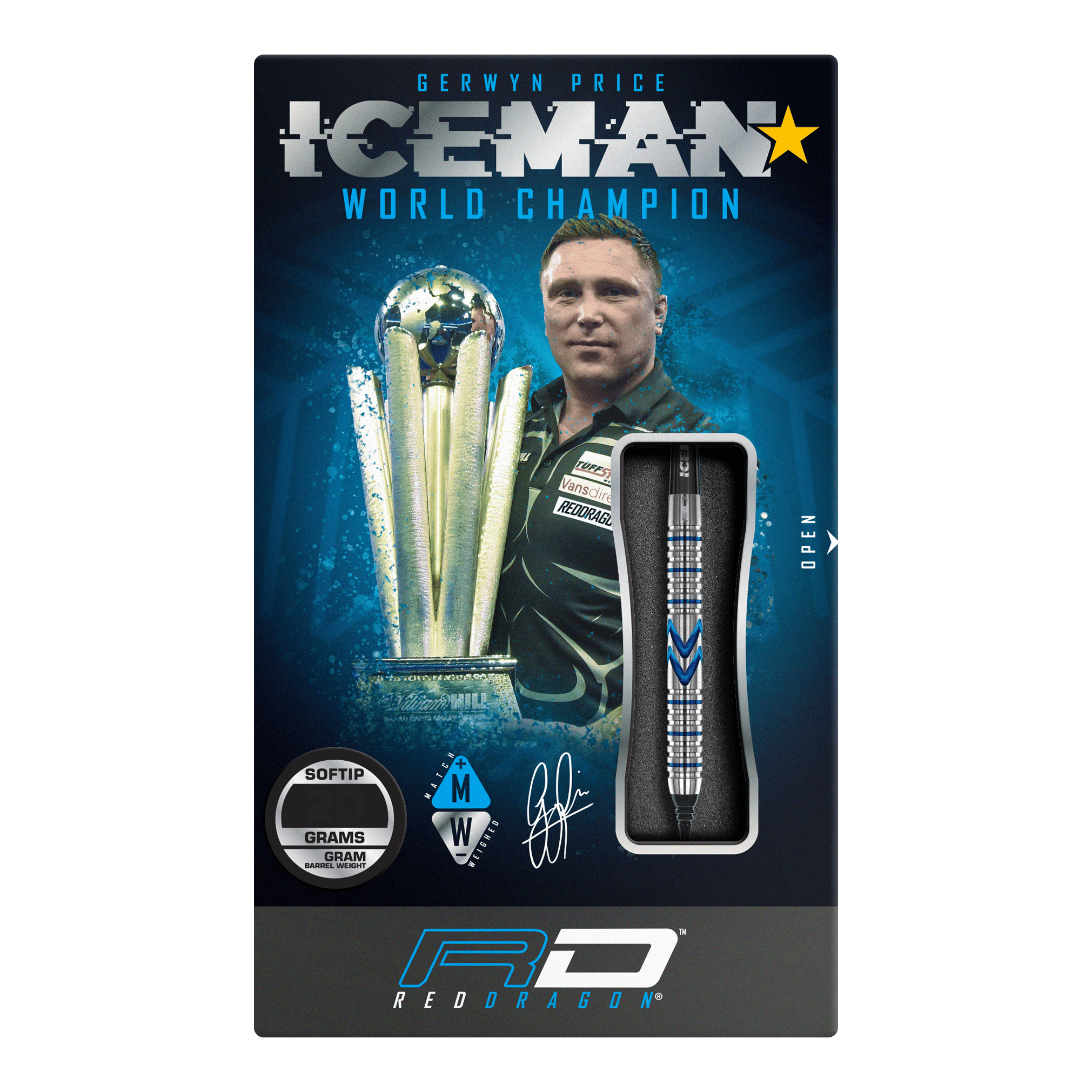 Red Dragon Gerwyn Price Iceman Midnight Edition Zachte Darts - 20g Die Verpackung zeigt die Red Dragon Gerwyn Price Iceman Midnight Edition Softdarts mit einem Gewicht von 20g. Auf der Vorderseite sind ein Bild von Gerwyn Price und ein Dartpfeil abgebildet.