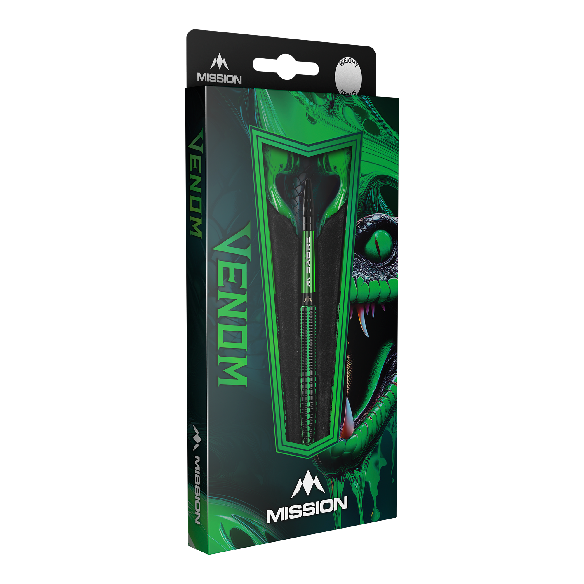 Mission Venom stalen darts Die Abbildung zeigt eine Packung der "Mission Venom Steeldarts". Die Verpackung ist hauptsächlich grün und schwarz gestaltet und zeigt ein auffälliges Schlangendesign.