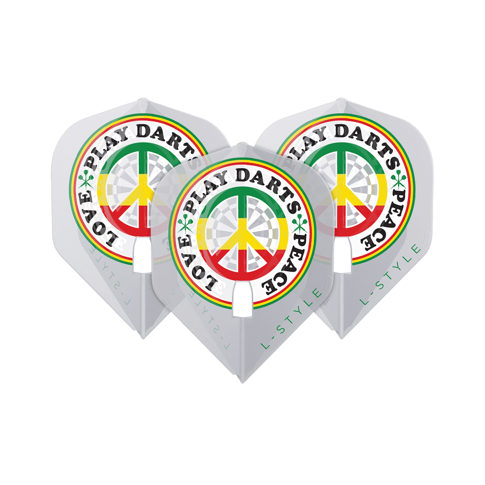 L-stijl Ryan Searle V3 L1PRO helder zwarte vluchten Das Bild zeigt drei weiße Dart-Flights der Marke L-Style Deta Hedman V4 L1PRO. Auf den Flights steht in bunten Farben der Schriftzug "LOVE PLAY DARTS PEACE" um ein Peace-Zeichen.