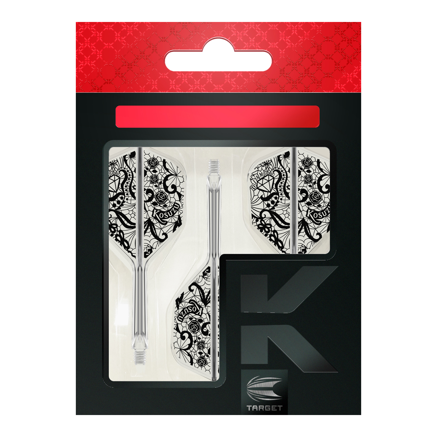 Target Japan K-Flex Diamond No6 Flight Shaft-systeem Das Bild zeigt die Verpackung des Produkts "Target Japan K-Flex Diamond No6 Flight-Shaft-System". Zu sehen sind drei transparente Dartschäfte mit weißen Flights, die ein detailliertes, schwarzes Muster haben.