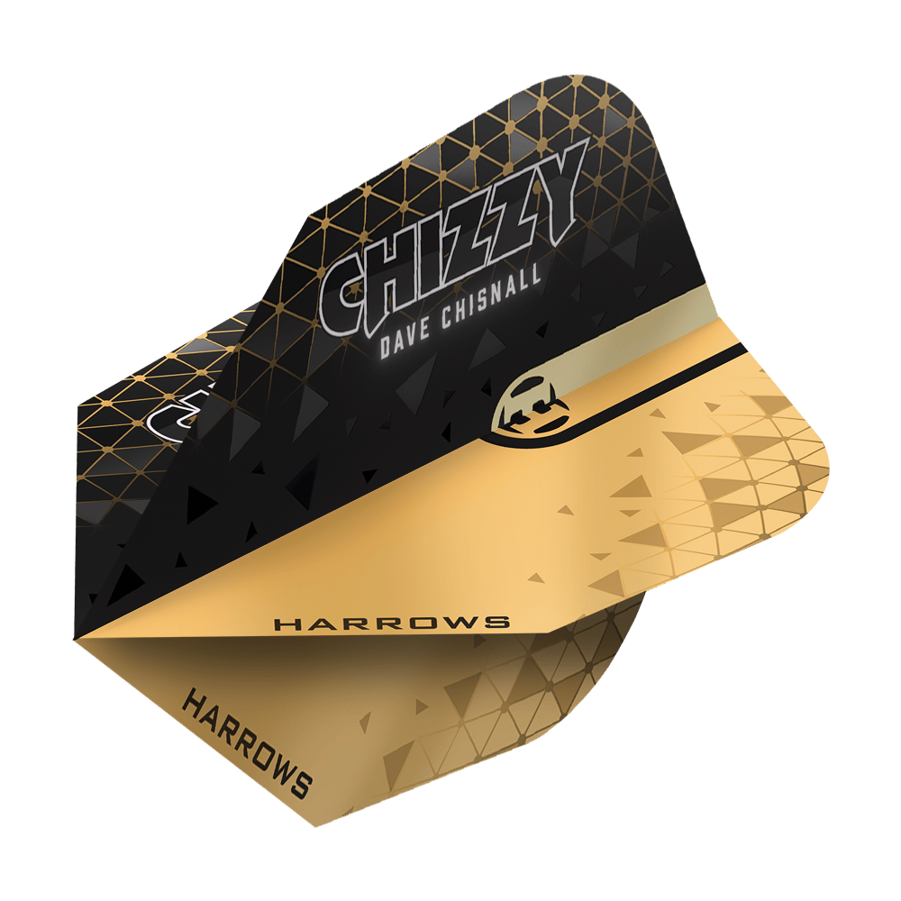 Harrows Prime Dave Chisnall Chizzy 2 nr. 6 Vluchten Das Bild zeigt ein Harrows Prime Dave Chisnall Chizzy 2 No6 Flight. Das Flight ist schwarz-gold gestaltet und trägt den Aufdruck "CHIZZY DAVE CHISNALL" sowie das Harrows-Logo.