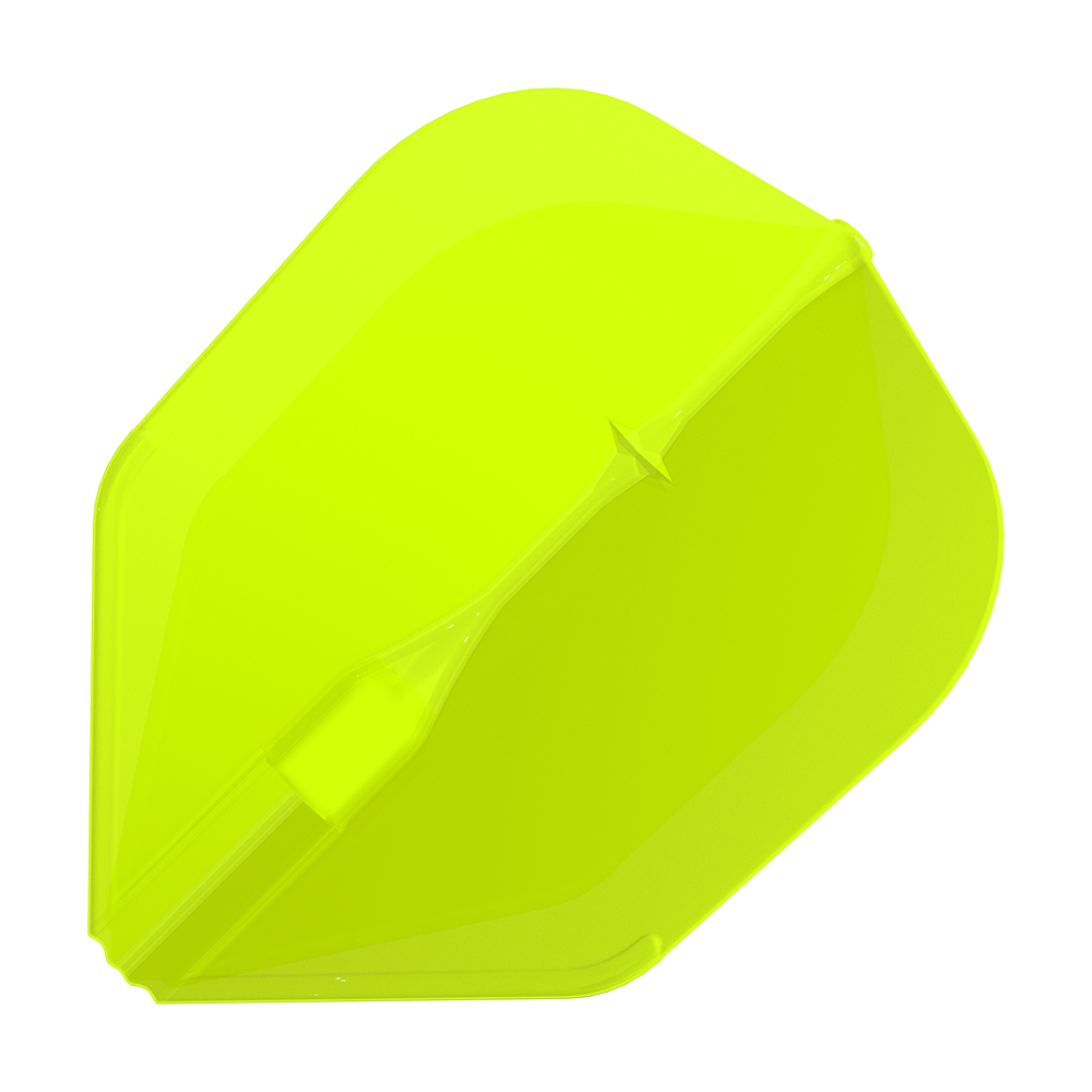 L-L-Style3EZ-vluchten Das Bild zeigt eine neon-gelbe Dartflügel. Die Oberfläche ist glatt und hat eine auffällige, leuchtende Farbe.